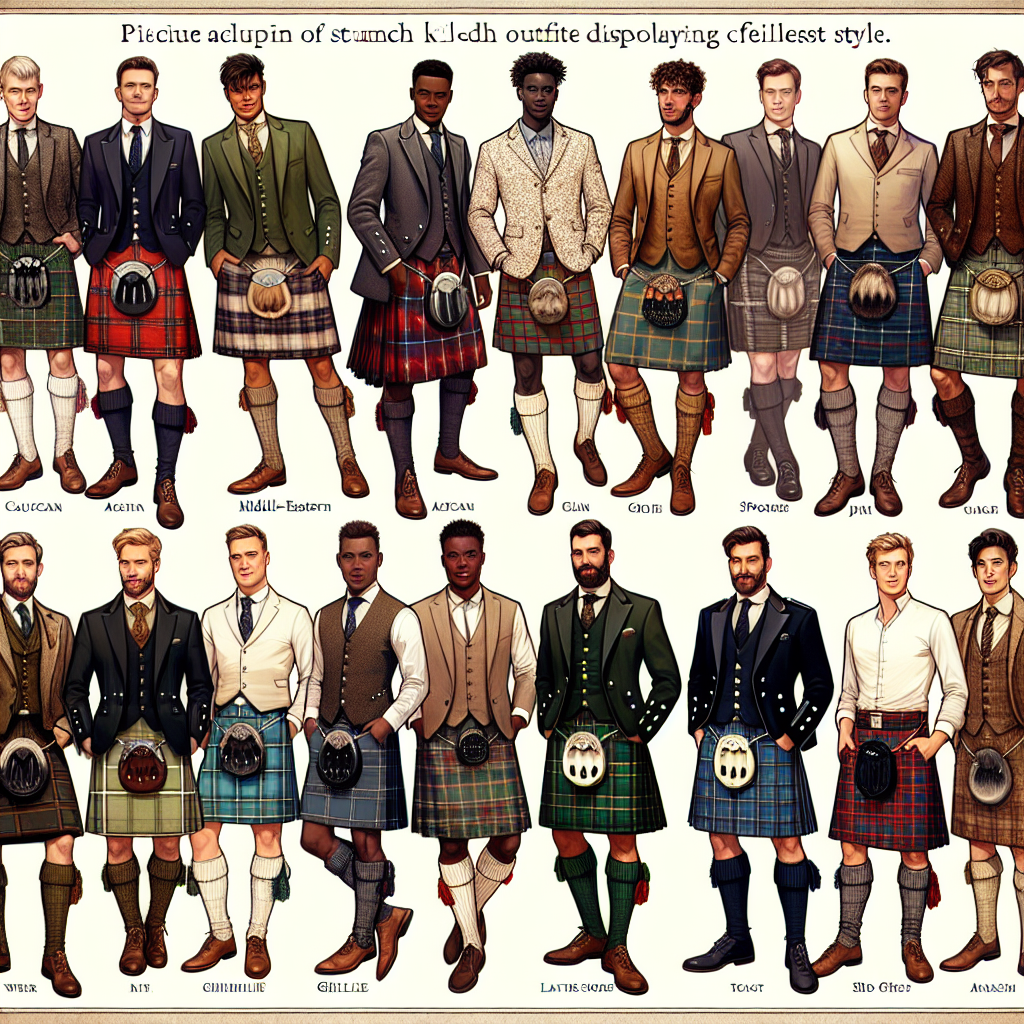 Stunning Ceilidh Outfits: Effortless Style for Men Visualize a collection of illustrations of men in stunning Ceilidh outfits displaying effortless style. Picture a diverse group of men from various descents such as Caucasian, African, Middle-Eastern, and East Asian. They should be stylishly adorned in traditional Scottish attire, including kilts with various tartan patterns, tweed jackets, ghillie shirts, sporran, and leather shoes. Include a range of colours, materials, and designs to demonstrate versatility in style. Also, embed the effortless charm and inherent elegance these outfits carry, in a tastefully decorated old-world hall setting.