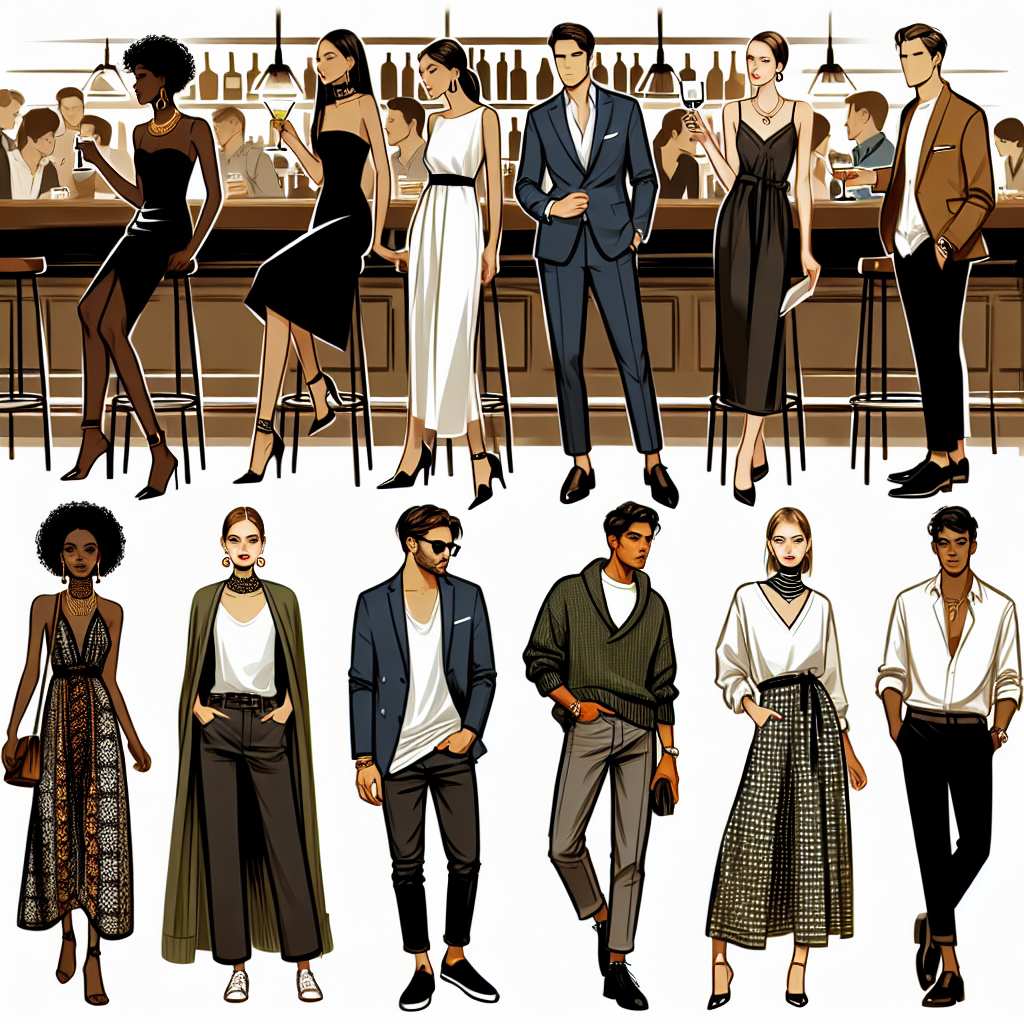 Design a bustling bar scene filled with fashion-forward individuals showcasing a variety of impressive and effortless commodities. Describe a person wearing a sleek, black dress paired with a distinct mild gold necklace, a gentleman in a tailored navy blue blazer over a simple white tee and dark jeans, an individual wrapped in a cozy olive green cardigan over a stylish patterned maxi dress, and another sporting a fitted white button-down shirt with black trousers. Include a blend of ethnicities including Black, Middle-Eastern, Hispanic and White people, ensuring the presence of both genders.