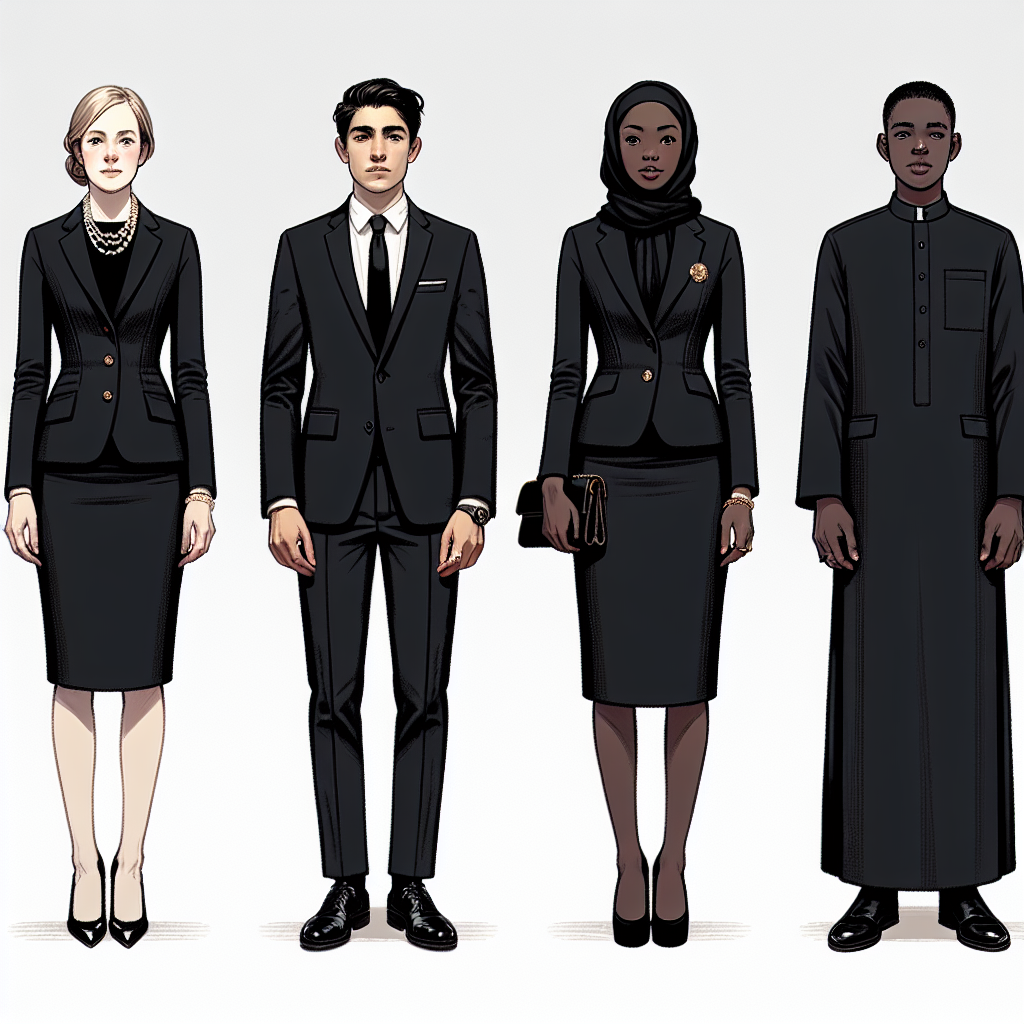 An image depicting a variety of funeral outfits. The image should depict 4 individuals, each of different descents &ndash; Caucasian, Hispanic, Black, and Middle-Eastern, respectively. The first person, a Caucasian woman, is wearing a tailored black dress suit with a small brooch. The second person, a Hispanic man, is clad in a classic black suit with a crisp white shirt and black tie. The third person, a Black woman, is donning an understated black midi dress accompanied by a modest pearl necklace. The fourth person, a Middle-Eastern man, is shown in a refined black kurta and trousers. Each outfit should embody elegance and respect, suitable for solemn occasions.