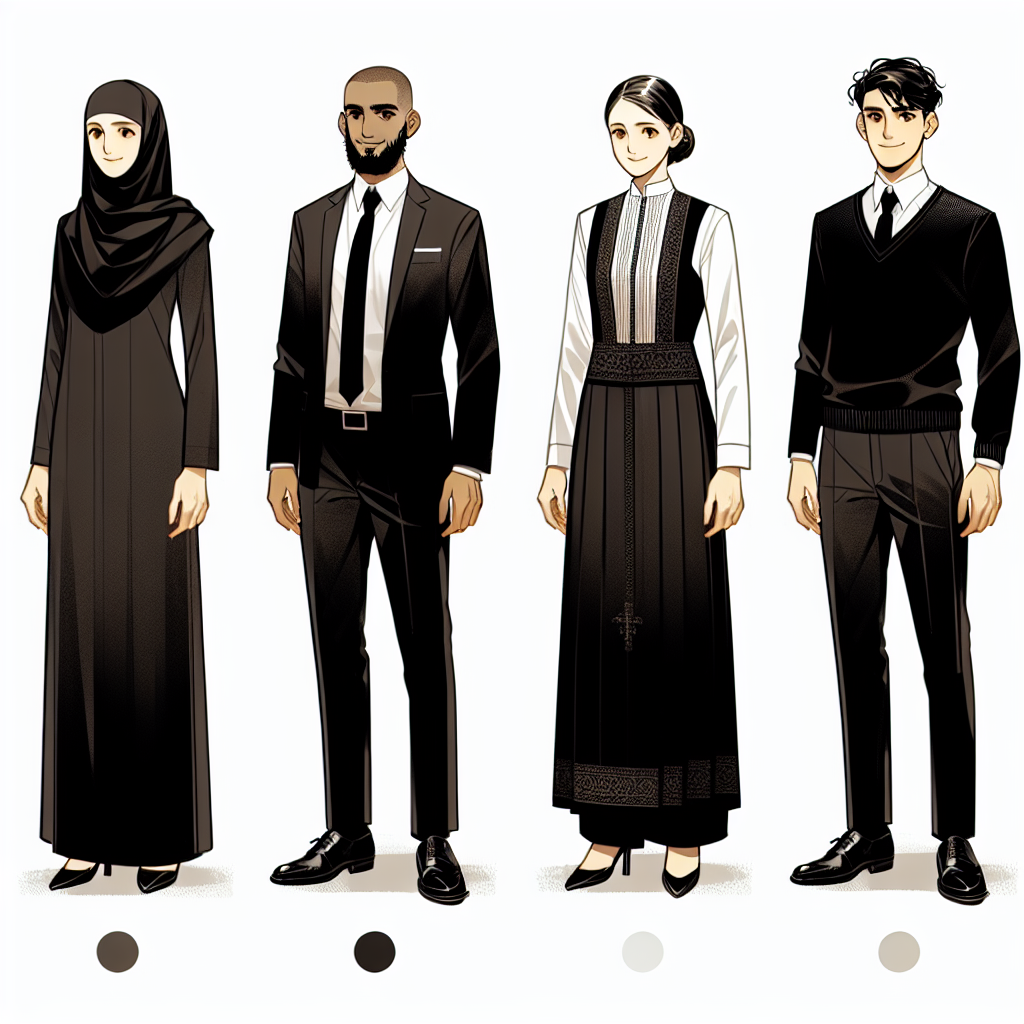 What to Wear to a Funeral: Simple, Respectful Outfits Illustrate a range of simple and respectful outfits typically worn to a funeral. Depict four individuals of different genders and descents, each representing a style option. Firstly, show a Middle Eastern female in a conservative black dress and a matching headscarf. Secondly, illustrate a Black male in a classic black suit, white shirt, and a dark tie. Thirdly, depict a South Asian female in traditional funeral attire, a black saree with minimal jewelry. Lastly, portray a Caucasian male in a dark-colored sweater and black dress pants, representing a less formal but still respectful option.
