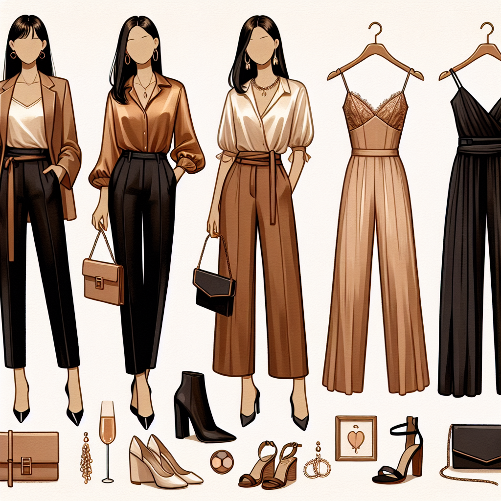 Must-Have Outfits for a Friend's Graduation: Chic & Stunning Create a collage image illustrating must-have outfits for a friend's graduation event. The first ensemble is that of an Asian woman wearing a chic pant suit with a silk blouse. The second attire is a classy dress displayed on a hanger, ideal for a Hispanic woman to wear, paired with tasteful accessories like a clutch purse and high-heeled shoes. The final outfit is a trendy jumpsuit suited for a Middle Eastern woman, combined with a statement necklace and wedged sandals. All outfits are sleek, stylish, and stunning, perfectly designed for a graduation ceremony.
