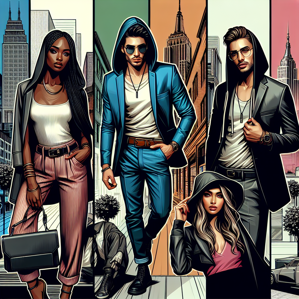 Must-Have Styles for Hoodie & Blazer Combos Depict a fashion-inspired scene showcasing must-have styles for hoodie and blazer combinations. The scene should include four diverse individuals: a black woman, a Hispanic man, a Middle-Eastern man, and a South Asian woman. They all should be stylishly attired in distinct hoodie and blazer combos, emphasizing the versatility and chic allure of these wardrobe pieces. The setting is a modern urban landscape, with their outfits contrasting beautifully against the city's architectural lines. Creative, colorful backdrops and a mix of textures can help amplify the modern vibe of the outfits.