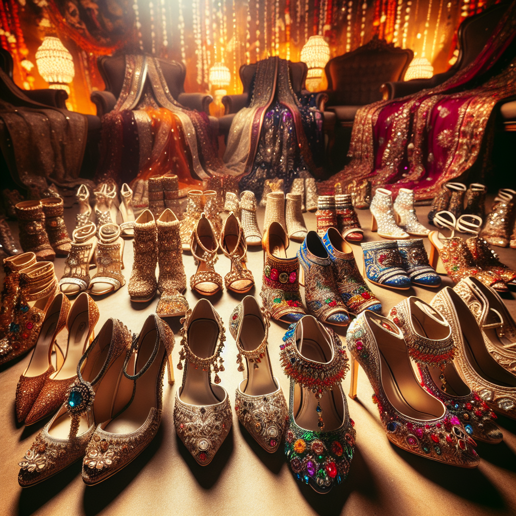 Stunning Shoes for a Sangeet Night: Find Your Perfect Match A panoply of glamorous shoes, reflecting the vibrancy and beauty of a Sangeet night. The image should exhibit an array of expressive displays of high-heeled sandals, embellished flats, and strappy stilettos. Each pair should be unique and showcase a blend of traditional and contemporary designs, engrossed with Indian motifs, ornate beadwork, sequins, and colorful gems. The grandeur and spectacle of the millennium-old Indian tradition are present in these shoes' artistry and craftsmanship. A touch of mystique of the Sangeet night is evoked, making these shoes the perfect match for the festive and jubilant ambiance.