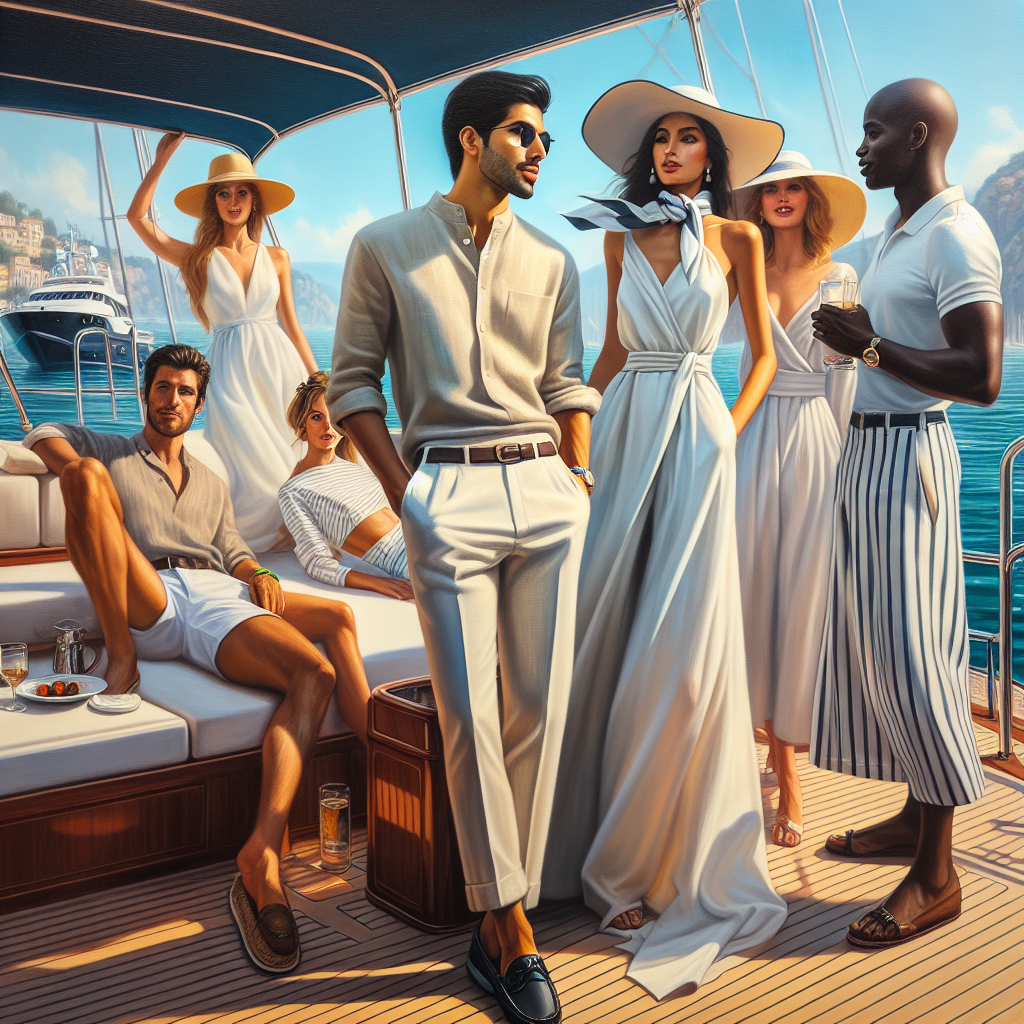 A painting-like scene at a yacht party on a sunny day, showcasing guests in their stunning yet effortless yacht-appropriate attires. In the foreground, a South Asian man casually leans against the yacht's railing, wearing a light linen shirt with tailored shorts and boat shoes. Next to him, a Caucasian woman stuns in a flowing white maxi dress paired with a wide-brim sun hat and sandals. Across from them, a Middle-Eastern woman, effortlessly chic in a sleeveless jumpsuit and wedges, shares a laugh with a Black man in a sleek nautical-striped polo shirt and chinos. The atmosphere is lively and elegant, with the clear blue water reflecting off the gleaming yacht.