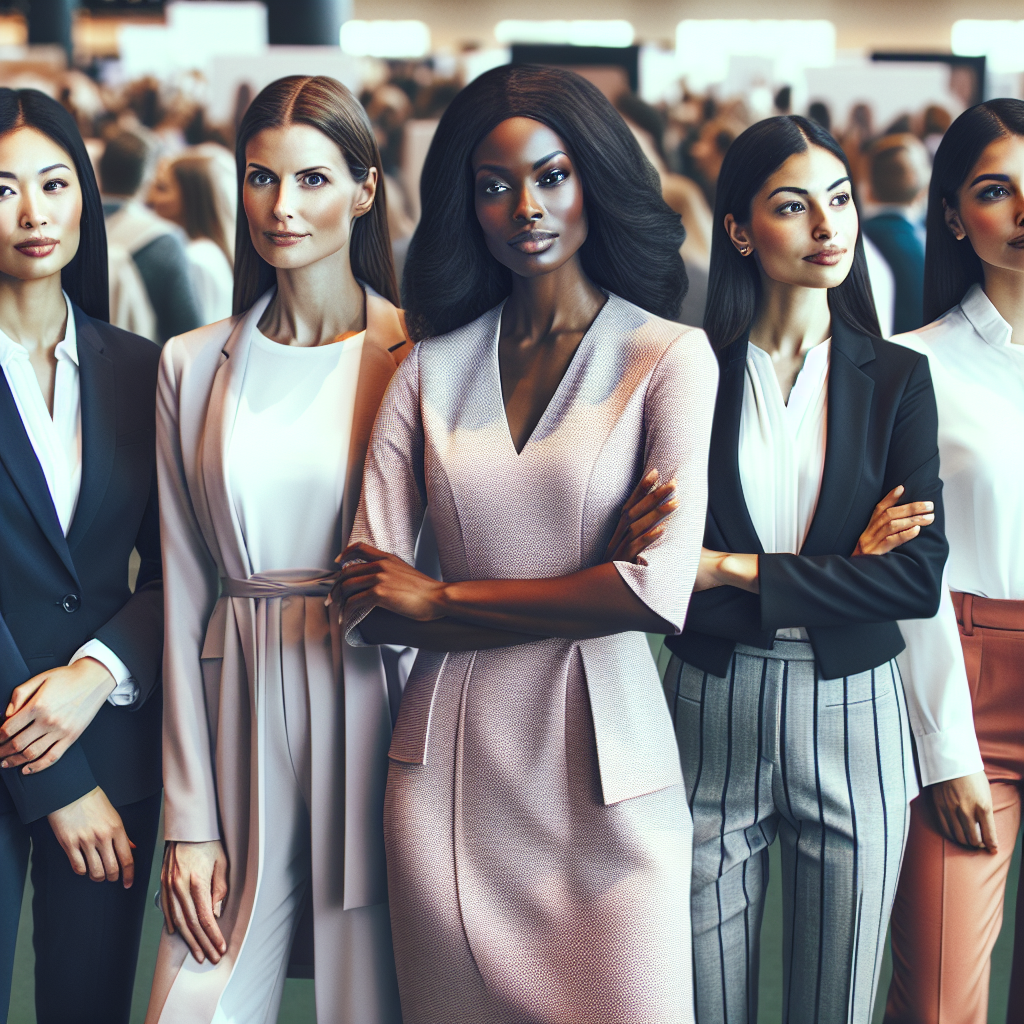 An inspiring image displaying a range of professional attire styles for women at a job fair. From the left, there's a Black woman dressed in a sleek business suit, a Hispanic woman donning a creative yet professional dress, a Caucasian woman wearing a smart casual outfit, a Middle-Eastern woman in a modern business outfit with a subtle touch of cultural attire, and a South Asian woman in a tailored suit. All are displaying confidence and readiness, symbolizing that they are prepared to take on any professional challenge.