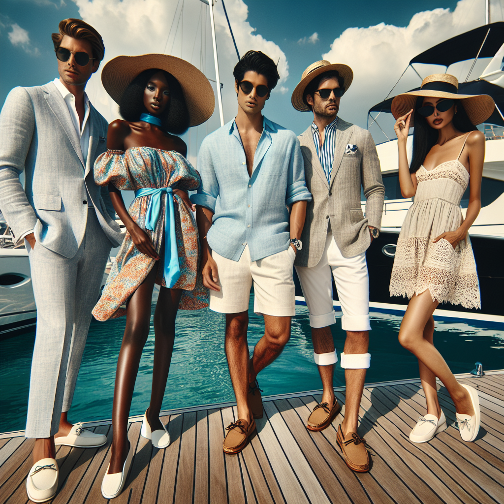 Boat Party Style Guide: Must-Have Chic Outfits Imagine a lively boat party scene unfolding on a bright sunny day. In the foreground, five stylish individuals are showcasing their chic outfits. On the left, a Caucasian male in an elegant light blue linen suit, coupled with boat shoes and sunglasses. Next to him, a Black female wearing a vibrant sundress and a wide-brimmed sunhat. Towards the center, a South Asian man is dressed in a casual white summer shirt and shorts, accessorized with a trendy wristwatch. Beside him, a Hispanic woman is adorning a high-waist trousers teamed up with a loose, sleeveless blouse. Lastly, on the far right, a Middle-Eastern woman wearing a lacy summer dress paired with a fashionable handbag. The backdrop is a luxurious yacht amidst crystal clear waters under a azure sky.