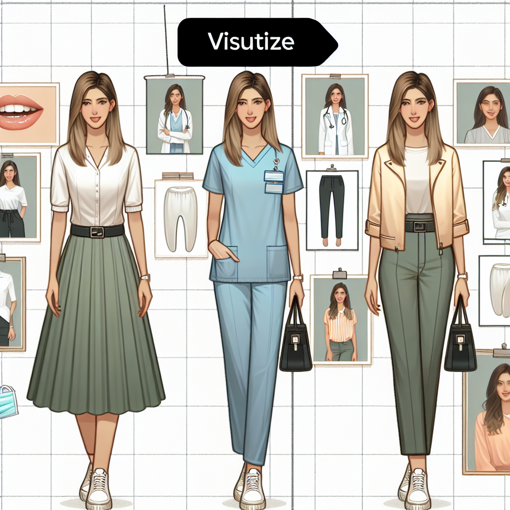 Visualize a series of outfits intended for dentists. Consider professional attire along with casual and trendy options. Picture one outfit as a traditionally professional dentist's uniform, this could be worn by a Caucasian female dentist. Then visualize another outfit, consisting of a business casual style, portrayed by a Hispanic male dentist. Finally, imagine a modern, casual look fit for a day off, portrayed by a South Asian female dentist. All outfits should communicate an effortless and stylish vibe, ensuring comfort and utility in a dental office's environment.