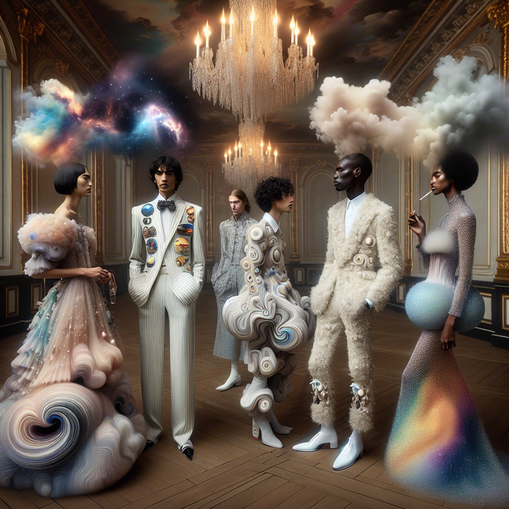 Imagine stepping into a grand room filled with mystique and imagination. A fashion-forward crowd engages in lively conversations under a chandelier's gentle glow. The eccentric attire perfectly embodies surrealism, with an ensemble of Mexican woman wearing dress with odd-shaped pockets that hold tiny galaxies, a black Middle-Eastern man in a tuxedo that morphs into tendrils of smoke, a South-Asian man wearing a shirt made of shifting cloud patterns, and a white woman in a gown made of cascading, pearlescent rainbows. Their outfits are a woven tapestry of whimsy and unpredictability, a perfect accompaniment to the surrealist environment of the party.
