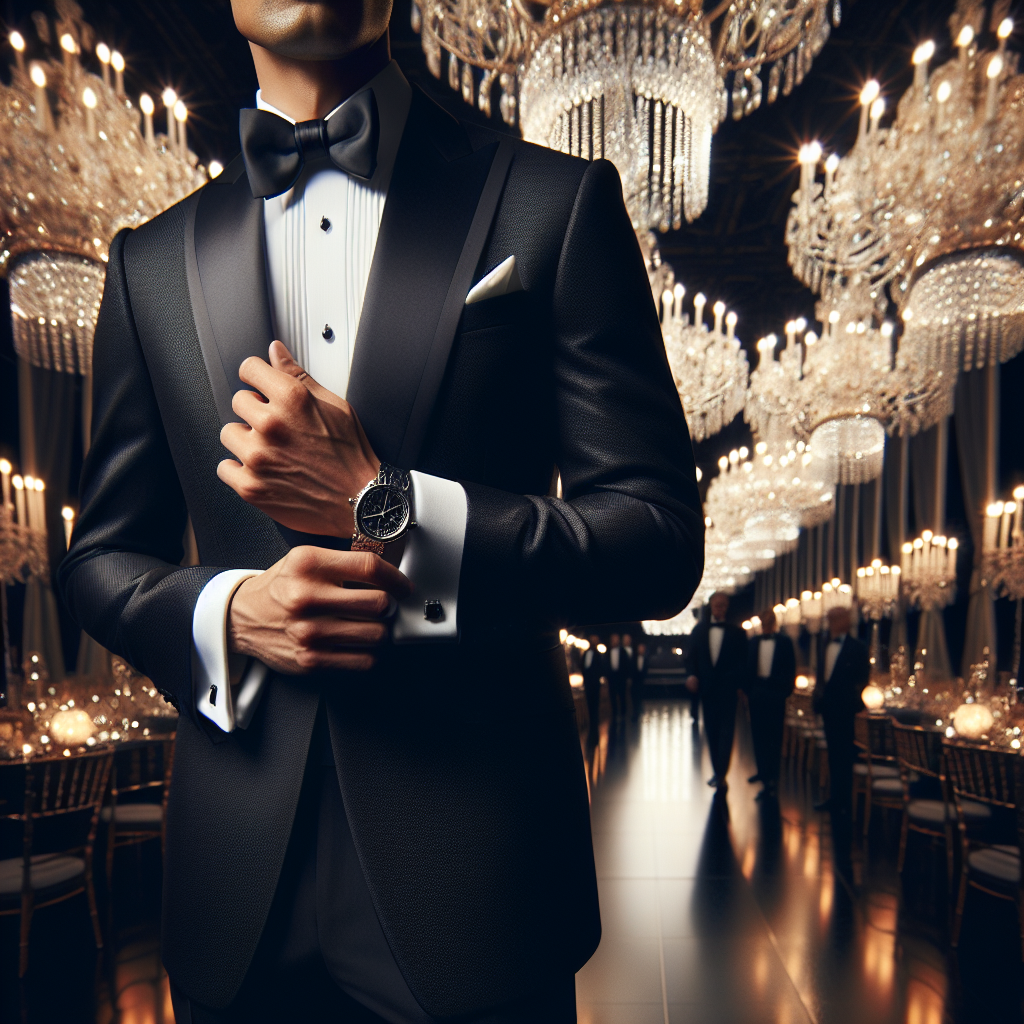 What a Man Should Wear to a Gala: Exclusive Guide Visualize a sophisticated scene at a formal gala event. Imagine a South Asian man, elegantly dressed in a pristine tuxedo tailored with precision, a dazzling bow tie securing his outfit. His tux is paired with finely polished black leather shoes, reflecting the gleaming chandeliers above. He wears a classic, gleaming, white pocket square peeking out from his suit pocket, and a custom-made wristwatch with subtle, yet intricate details, rested on his wrist. The setting exudes opulence with grandeur, serving as a perfect backdrop for this well-attired man. This illustrates the ideal attire for men at high-profile events.