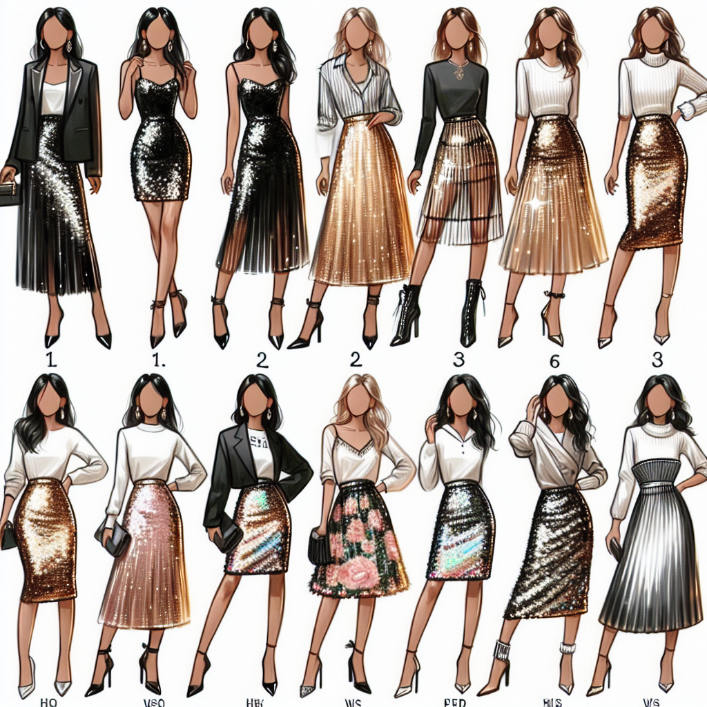 Sequin Skirt Styles: Effortless Tips for Every Event Visualize an array of sequin skirts in different styles, suitable for diverse events. Picture the first skirt as a shimmering black sequin mini skirt, ideal for a night out, worn by an Asian woman. Depict the second as a flowing gold sequin maxi skirt, perfect for a formal event, worn by a Black woman. Illustrate the third as a multicolored sequin pencil skirt for a chick office party, worn by a Hispanic woman. Lastly envision a silver sequin midi skirt worn by a Middle Eastern woman for casual day outs. Accompany each skirt with respective suitable accessories and footwear.