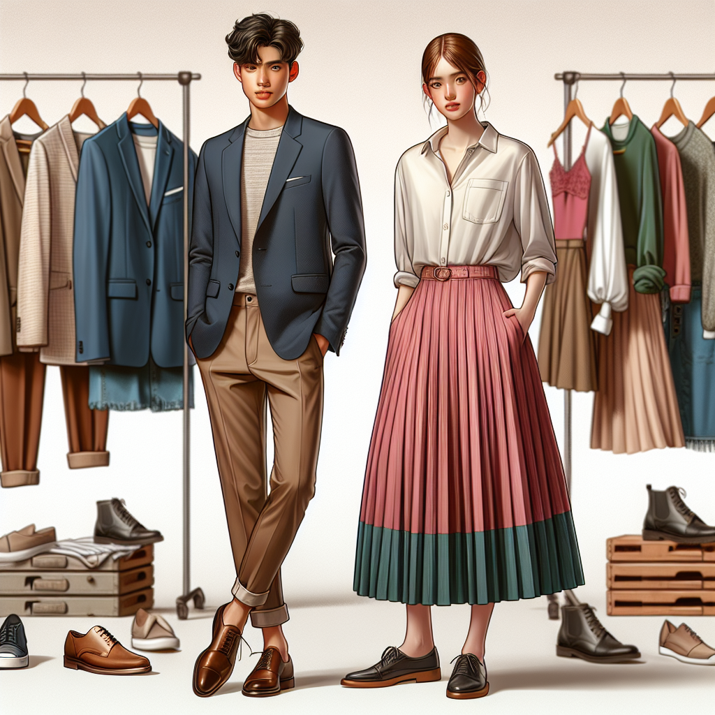 An array of stylish and professional attire suitable for teenage job interviews. On one side, a South Asian teenage boy dons a sleek navy blazer with a crisp white shirt, matched with khaki chinos and gleaming brown leather shoes. Meanwhile, a Hispanic teenage girl stands confidently in a vibrant, midi-length A-line skirt combined with a tucked-in, muted blouse and sophisticated flats. Behind them, an array of similar outfits hanging neatly on a clothes rack, showcasing an assortment of colours and designs perfect for both genders. An atmosphere of effortless and youthful chic prevails the scene.