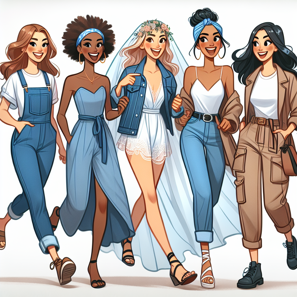Must-Have Outfits for Bridesmaid Dress Shopping A lively and engaging scene of four friends embarking on an adventure to find the perfect bridesmaid dresses. Each woman holds a different descent: Caucasian, Hispanic, Black, and Middle-Eastern. The first one has a trendy jumpsuit on, the second one is wearing her lucky denim jacket and jeans combo, the third one is confidently sporting a breezy summer dress and comfortable sandals, and the last one complements her casual khakin pants with a crisp white shirt. Their expressions show a mix of excitement, anticipation, and camaraderie-as they are about to navigate the world of bridal fashion together.