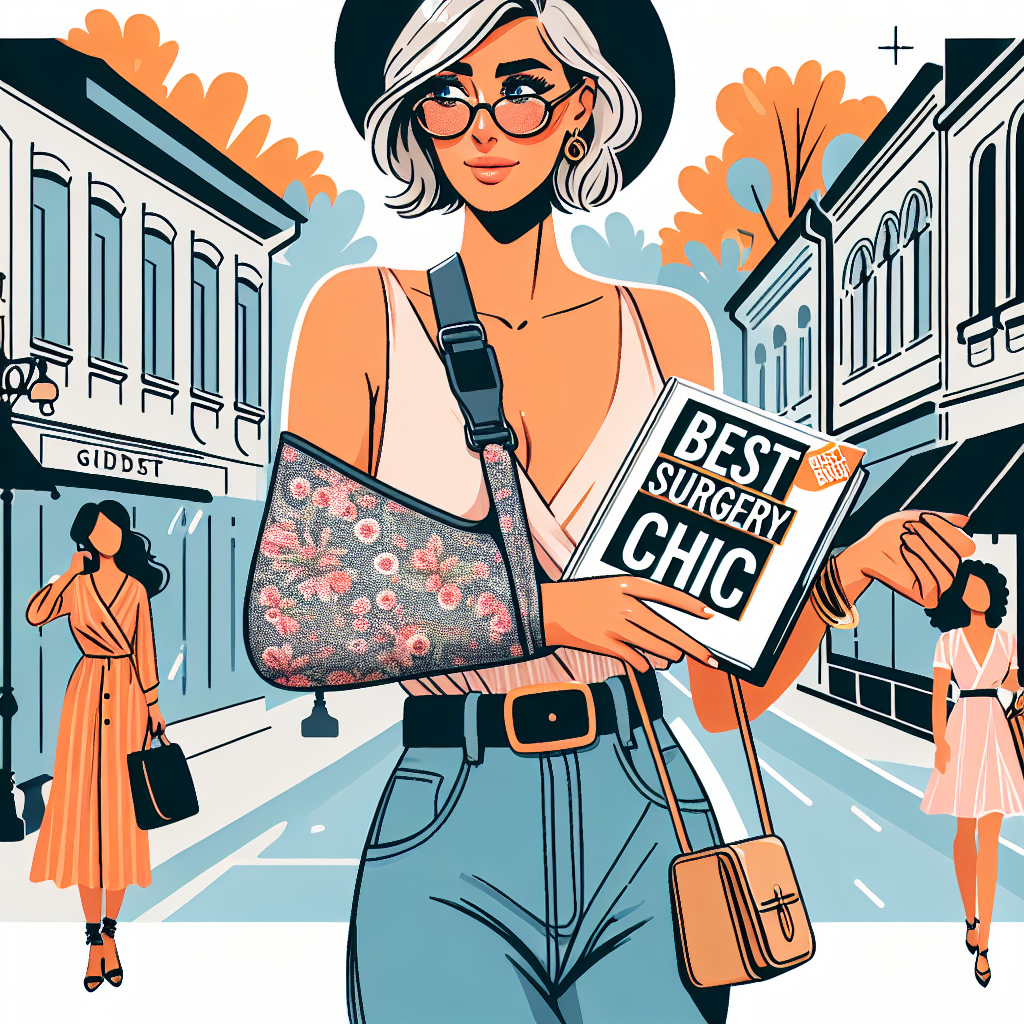 Design a fashion oriented illustration displaying a middle-aged Caucasian woman with her arm in a chic, patterned sling. Show her in a stylish, streetscape setting, wearing modern yet comfortable attire for post-surgery recovery. Her other hand is holding a guidebook titled 'Best Post-Surgery Chic' - its cover is bright and catchy. She walks confidently, embracing her situation with a positive attitude. A few others are seen admiring her style, showing that this isn't a barrier to being fashionable.