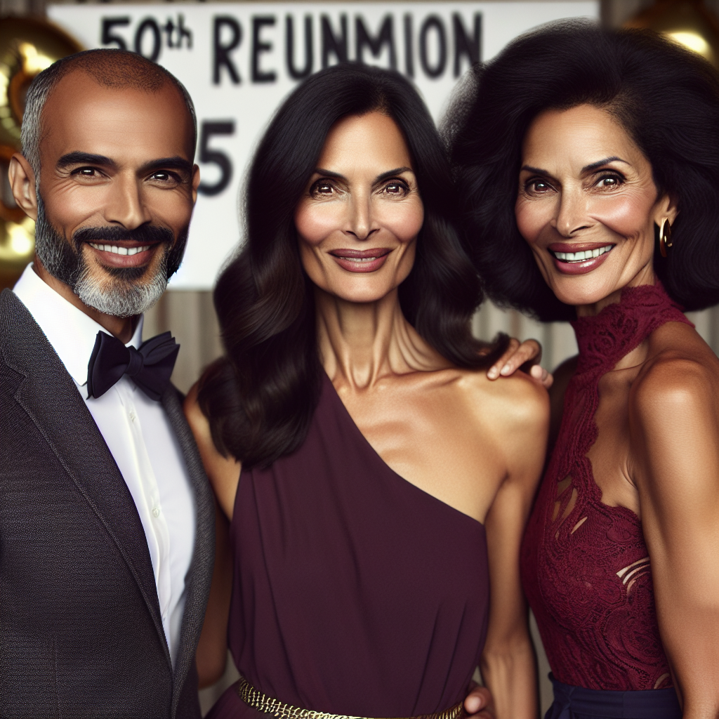 Visualize a 50th reunion event backdrop. In focus should be three protagonists of diverse backgrounds, a Middle-Eastern male, a Hispanic female, and a Black female, all looking radiant and comfortable in their 50s. The Middle-Eastern man is wearing a stylish charcoal grey suit with a bow tie. The Hispanic woman is in a chic maroon dress with delicate lace details. The Black woman is dressed in an elegant navy blue jumpsuit with gold accessories. Their confident smiles, twinkling eyes, and stunning outfits reflect their joy and excitement for the reunion.