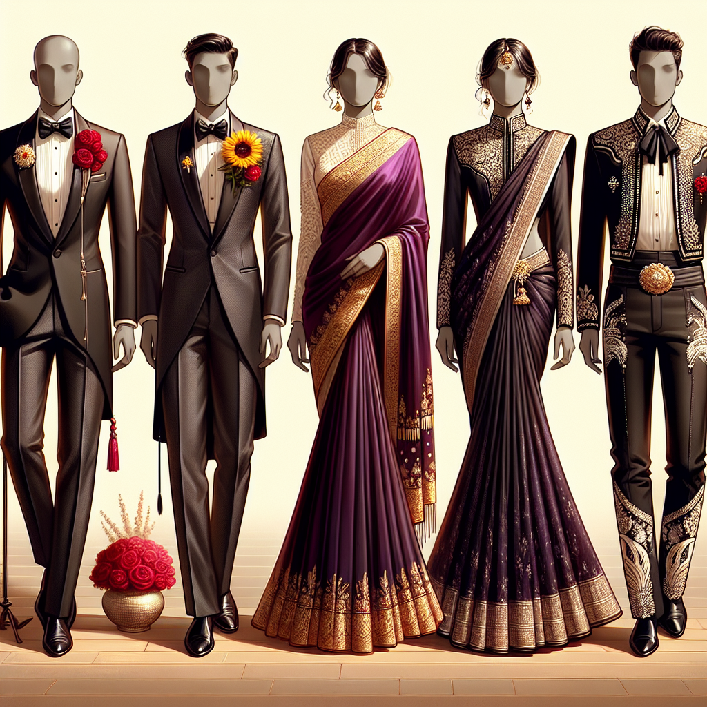 Stunning Outfits for Your Next Pinning Ceremony! Visualize a series of stunning outfits each designed for a pinning ceremony. The first is a sleek tuxedo adorned with a red rose corsage worn by a middle eastern man. The second, a classy saree in deep purple with gold motifs worn by a South Asian woman. The third attire includes a svelte black suit with a sunflower pin adorning the lapel worn by a Caucasian woman. In the final scene, imagine a Hispanic man in a traditional charro suit with silver button detailing. Each outfit exudes an aura of elegance, signifying the importance of the occasion.