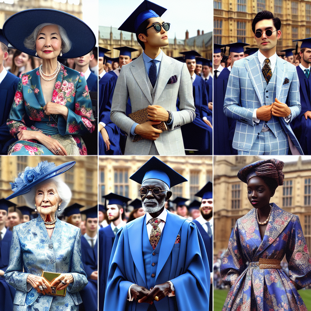 Stunning Outfits for Graduation Guests: Must-See Looks A collage showing graduation guests in stunning and eye-catching outfits. The first panel should show a middle-aged Asian woman in a floral dress with a matching hat, clutching a pair of sunglasses. The second panel should depict a Hispanic man in a sharp light grey suit, blue shirt and patterned tie. The third should display a Caucasian elderly woman in a royal blue two-piece suit ensemble, carrying a gold clutch. The final panel reveals a Black man wearing a traditional African attire. The background for each panel is a graduation ceremony. Each image should radiate a celebratory and joyful vibe.