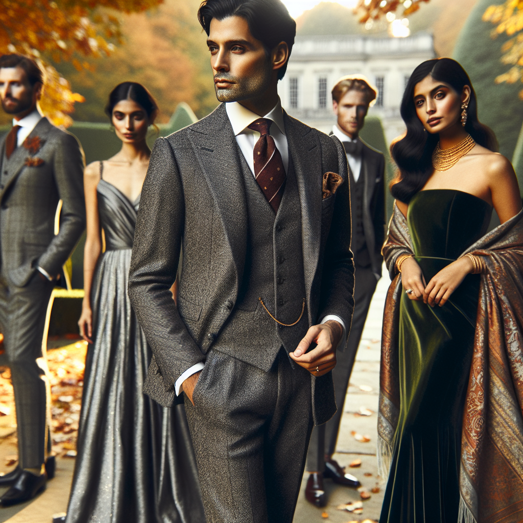 Stunning November Wedding Outfits: Effortless Elegance Imagine a sophisticated November wedding. The guests are dressed in outfits that emanate effortless elegance. A man is wearing a charcoal grey tweed three-piece suit, paired with a rich burgundy tie and oxford shoes. Beside him, a woman of South Asian descent is adorned in a classy silver gown that sparkles subtly under the autumn sunlight, complemented by a graceful pashmina shawl. Another woman, this one of Hispanic descent, draws attention with her timeless green velvet dress that complements her golden jewelry. The fall foliage in the background provides a serene ambiance to the scene.