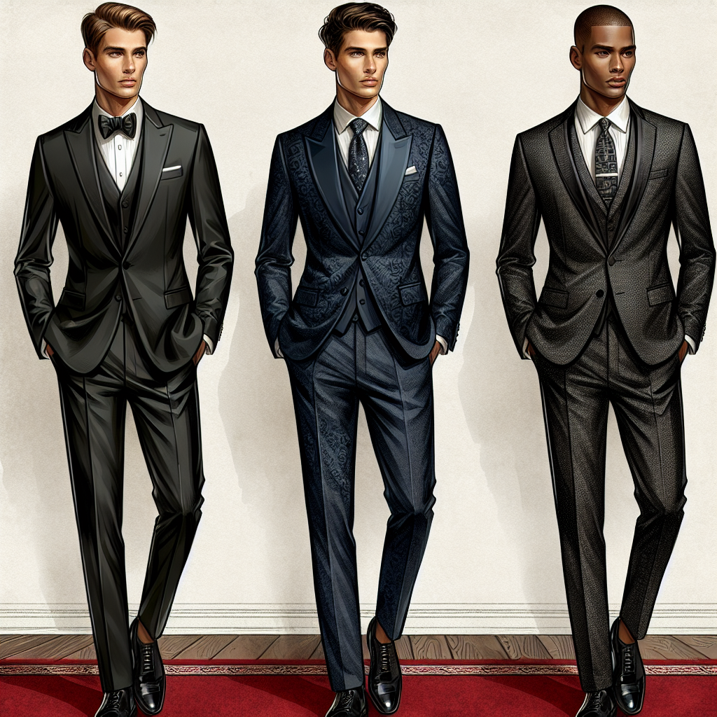 Craft a detailed image depicting a rich array of stunning gala attire for different men. Show an array of three men each of a unique descent: Caucasian, Hispanic, and Black, showcasing tailored suits exquisitely detailed with subtle embellishments. Implement a background indicating a classy, upscale event, perhaps a red carpet draped beside. Each man should have a distinct style that denotes personality and taste: the first in a classic black tuxedo with a bow tie, the second in a navy blue suit with a patterned tie, and the third in a charcoal grey suit with a fashionable slim tie.