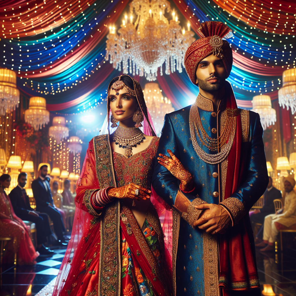 Stunning Indian Wedding Attire: Effortless Elegance Unveiled A luxuriously adorned venue filled with colorful drapes and lit with sparkling chandeliers. In the center, a South Asian woman gracefully attired in a vibrant red and gold sari, her neck adorned with intricate gold jewelry and hands decorated with henna artistry. Beside her, a South Asian man looking regal in a deep blue sherwani embroidered with golden thread, carrying a traditional turban on his head. They hold hands, their joyous expressions reflecting the magnificence of their Indian wedding ceremony.