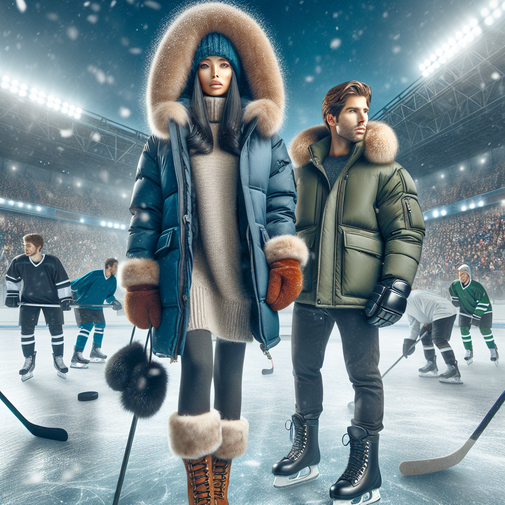 Incredible winter clothing suitable for hockey games. On a snowy day, a woman of South Asian descent dons a heavy duty parka in blue, paired with insulated gloves, fur earmuffs, and long brown boots. A few steps away, a Hispanic man sports an olive-green thermal jacket, a matching beanie, and waterproof black boots. In the background, a stadium packed with enthusiastic fans, each dressed in their warmest wear, the air filled with anticipation for the upcoming game. The bright lights of the stadium cast a gleaming allure, while the players on the icy field prepare for game time.