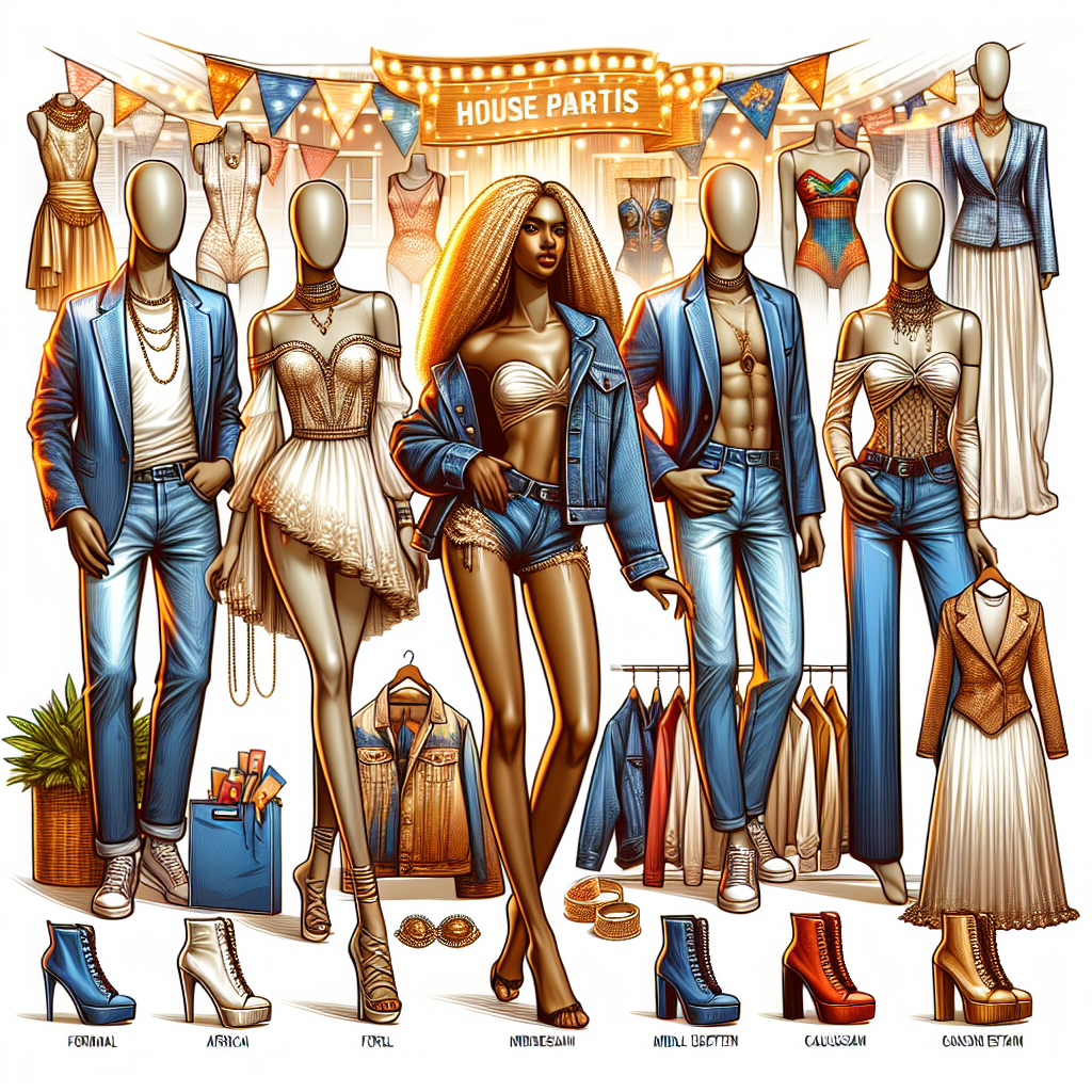 Stunning Outfits with a Denim Blazer for House Parties Create an artistic image which showcases a selection of stunning party outfits featuring a denim blazer, ready to be worn at house parties. The outfits should be displayed as if posed on mannequins, each presenting a unique combination with the blazer, such as formal, casual, or quirky. Include a wide range of accessories, from exquisite jewelry to stylish boots. Display diverse human aspects by presenting outfits suitable for an African woman in her late 30s, a Middle Eastern man in his 20s, and a Caucasian woman in her 40s. The background should symbolize a lively and festive setting.