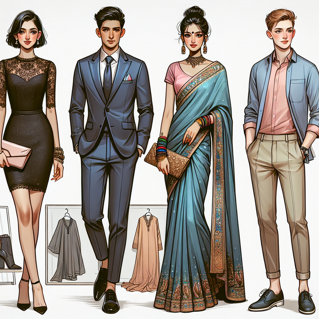 Discover Must-Have Outfits for a Chic Soiree Depict a series of fashionable and chic outfits suitable for an elegant soirée. The first outfit involves a sophisticated short black dress for a Middle-Eastern woman, paired with a sleek clutch purse and high heels. The second outfit is for a Hispanic man, featuring a crisp navy blue tailored suit with a pastel-color pocket square, and black oxford shoes. The third outfit showcases a South Asian woman donning an ornate sari in jewel-tones with coordinating bangles and a beaded clutch. The final outfit lays out relaxed but dapper attire for a White man, including a neatly-pressed khaki trousers, pastel shirt and loafers.