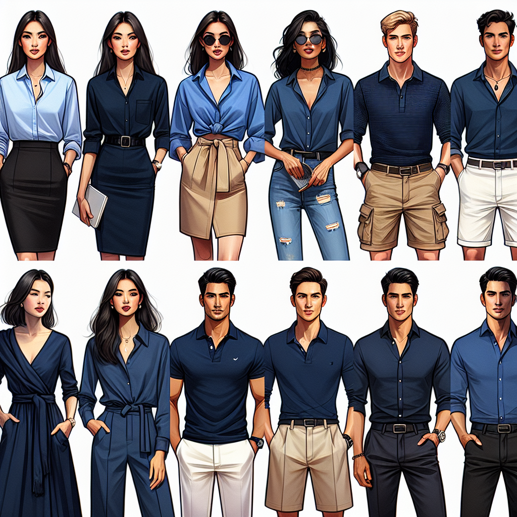 Stunning Outfits with a Navy Top: Must-Have Looks A fashion collage showcasing a variety of outfits with naval blue tops as their centerpiece. Each outfit represents unique styles and occasions. Scene 1: A career-oriented woman of South Asian descent in a naval blue blouse and pencil skirt. Scene 2: A laid-back African descent woman in a navy t-shirt and ripped jeans. Scene 3: A casual middle-eastern man sporting a navy polo shirt paired with khaki shorts. Scene 4: A white woman in a semi-formal setting with a navy silk blouse and palazzo pants. Scene 5: A Hispanic man showing a smart-casual look with a navy button-down shirt and tailored pants.