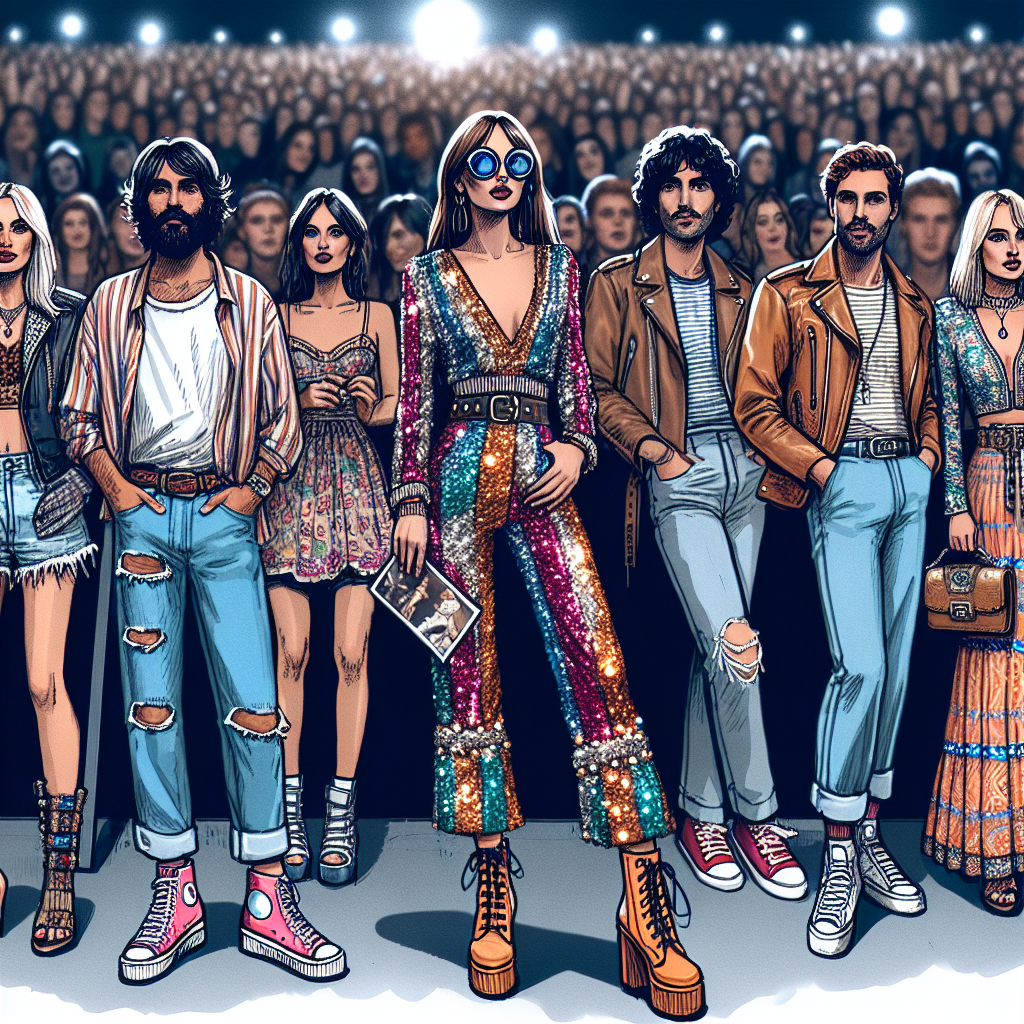 Visualize a specific scene at a popular music artist's concert. Picture a large crowd of people, each showcasing their unique and stunning looks. A woman, Hispanic in descent, is wearing a vibrant, sequin embellished jumpsuit, with a pair of neon boots. A Caucasian man in the crowd is donning a lightweight summer shirt, trendy ripped jeans, and a pair of eye-catching high-top sneakers. A Middle-Eastern woman stands out in a stylish leather jacket over a vintage band tee, paired with a maxi skirt and chunky shoes. The scene embodies the energy and unique fashion of a music concert.