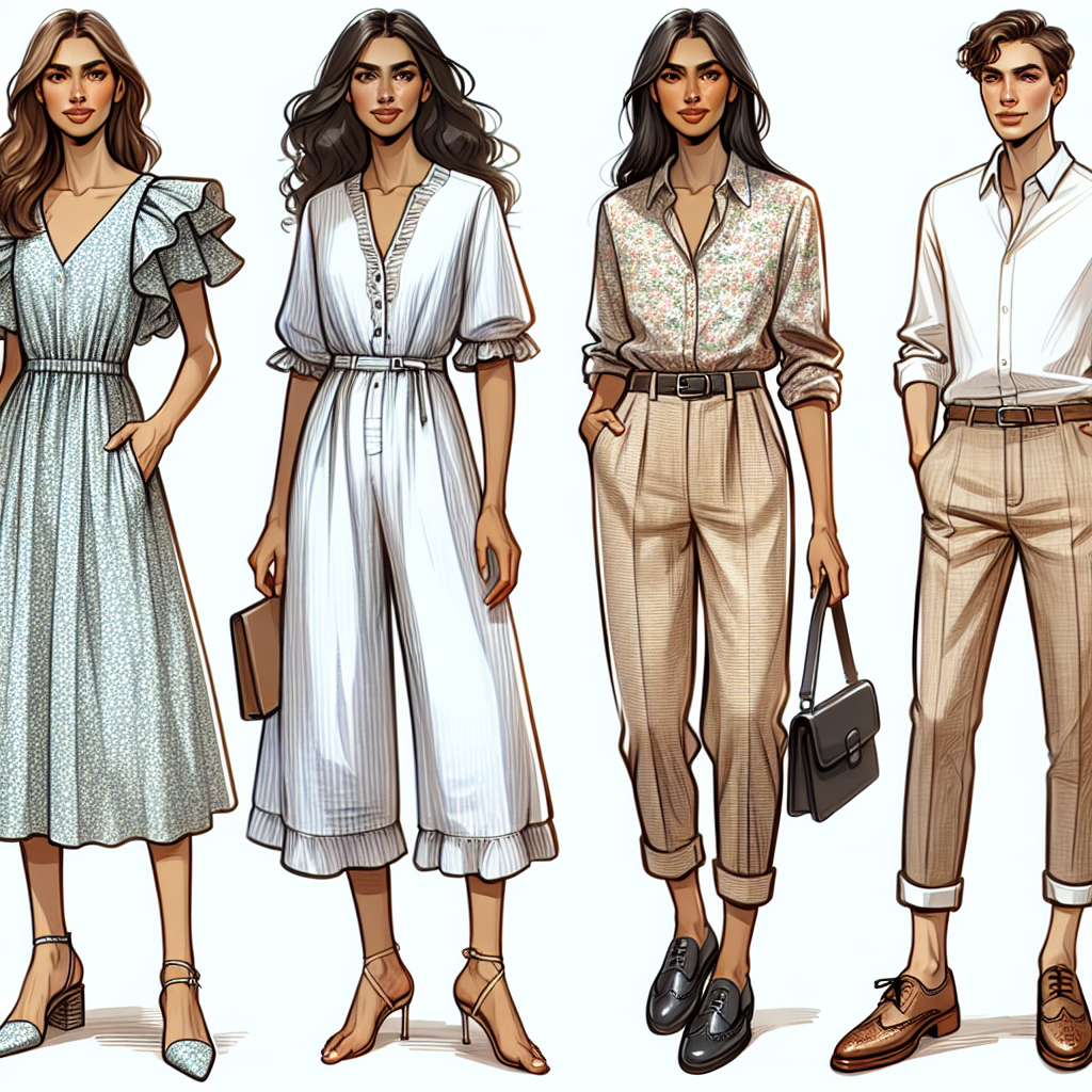 Effortless Outfits for a Stylish Baby Shower Guest A fashion guide consisting of several outfits suitable for a baby shower guest. The first look is a Middle Eastern woman wearing a chic midi dress with ruffled sleeves and kitten heels. The second look is for a Black man wearing a casual linen suit and loafers. The third look shows a stylish South Asian woman in a floral jumpsuit paired with strappy heels. The fourth look is of a Caucasian man sporting smart-casual attire with chinos, a sleek shirt, and leather brogue shoes. All outfits should have an effortless yet stylish feel to them.