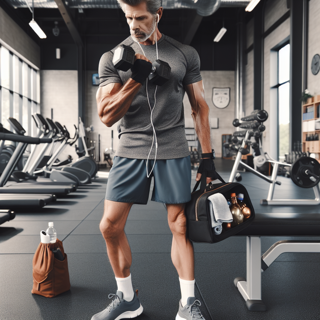 Create an image of a 50-year-old Caucasian man at the gym. He's wearing essential workout attire including a sweat-wicking T-shirt, flexible athletic shorts, comfortable training shoes, and carrying a small gym bag containing items like a water bottle, sweat towel, and headphones. He's performing a bicep curl with a dumbbell and displaying a fit, active lifestyle. In the background, a variety of gym equipment such as treadmills, stationary bikes, and weight machines can be seen.