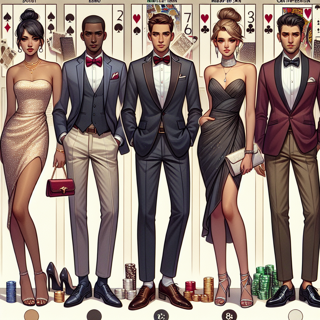 A visual guide to elegant and fashionable casino attire is being prepared. The image is divided into separate sections, each displaying a different look. The first look for a South Asian woman includes a shimmery, cocktail dress paired with high heels, and a dainty clutch purse. A middle-eastern man is shown next, in a sharp black tuxedo with a red bowtie, exuding sophistication. A third ensemble, intended for a Caucasian lady, involves a sleek, backless dress complemented by strappy stiletto sandals. The final look, for a Hispanic gentleman, consists of a well-fitted maroon suit, white shirt, black tie, and shiny oxfords. All individuals represent the pinnacle of casino chic.