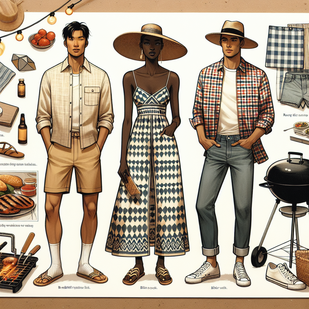 Must-Have Outfits for Effortless Cookout Style Imagine a topical spread for a fashion magazine, detailing 'Must-Have Outfits for Effortless Cookout Style'. An array of three casual yet stylish outfits are presented side by side. On the left, an Asian man in a breathable linen shirt, khaki shorts, and straw hat. In the center, a Black woman dons a geometric print sundress with a wide-brimmed hat. On the right, a Caucasian man is wearing a lightweight plaid shirt, denim shorts, and sneakers. Elements of a cookout like a grill, picnic table with food, and string lights in the background, add context to the scene.