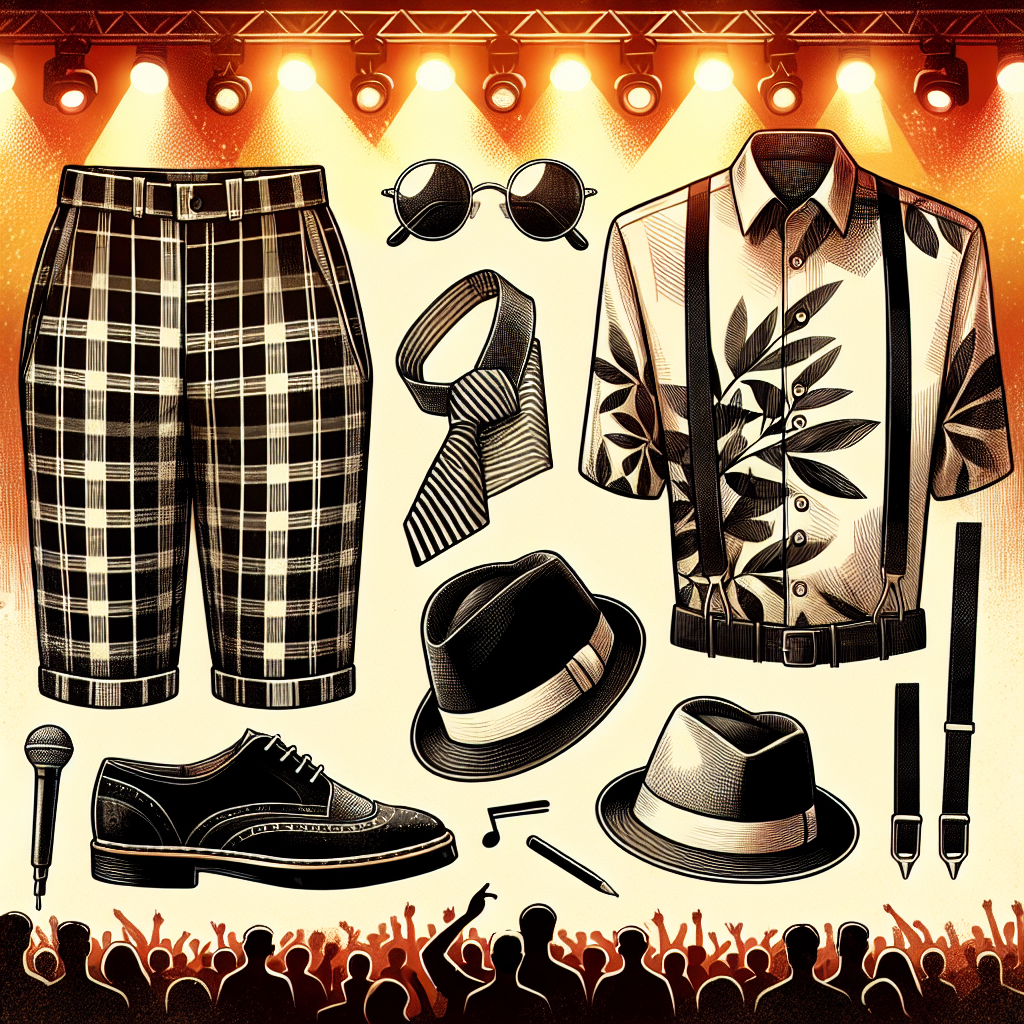 What to Wear to a Ska Concert: Effortless Style Guide Craft an eye-catching image that portrays an assortment of fashionable items suitable for a ska concert. This engaging illustration should display a unisex Hawaiian shirt, black and white checkered trousers, a Trilby hat, and a pair of vintage shoes. To add a bit of edge, showcase a few accessories such as a skinny tie, suspenders, and a pair of circular sunglasses. To further emphasise the setting, incorporate a backdrop of a lively crowd at a musical concert under warm stage lights.
