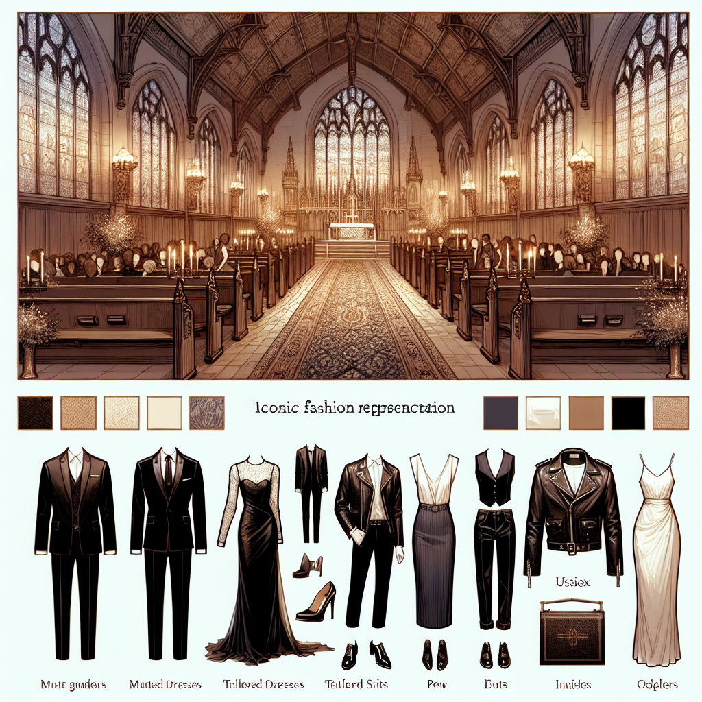 Must-Have Outfits for a Church Gala with a Leather Jacket Visualize an iconic fashion representation for a church gala that intermixes elegance and modern accessories. Highlight an assortment of must-have outfits including formal dresses, tailored suits and more. Draw focus on a unisex black leather jacket as a key element of each outfit. Represent all genders and people of various descents equally. Create the setting in an ornately decorated vintage church compound with hushed tones of twilight. Add details like stained glass windows, wooden pews, and a carpeted aisle leading to an altar. Incorporate ethereal lighting to enhance the overall ambience.
