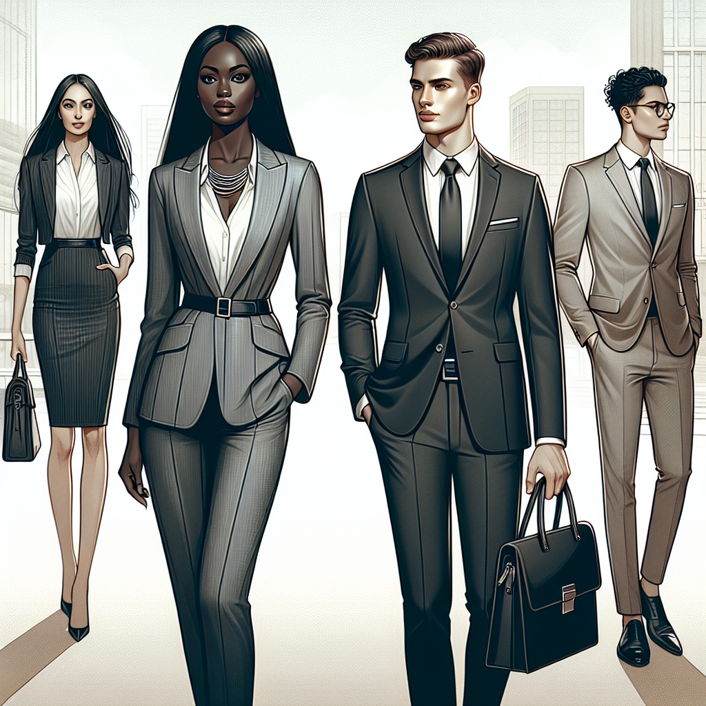Visualize an article illustration encapsulating the theme 'Dress to Impress: Must-Have Looks for Your Interview'. In the foreground, a Black woman in a sleek, tailored business suit with refined necklace, and a Caucasian man in a sharp, streamlined suit with a matching tie. In the middle ground, a Middle-Eastern woman in a fashion-forward, professional outfit with a neat laptop bag, and a Hispanic man in a neat, stylish business casual outfit with polished shoes. These individuals stand confidently in front of a soft-focus background of an office building, their faces reflecting quiet assurance and determination. Please maintain a professional and modern vibe throughout the image.