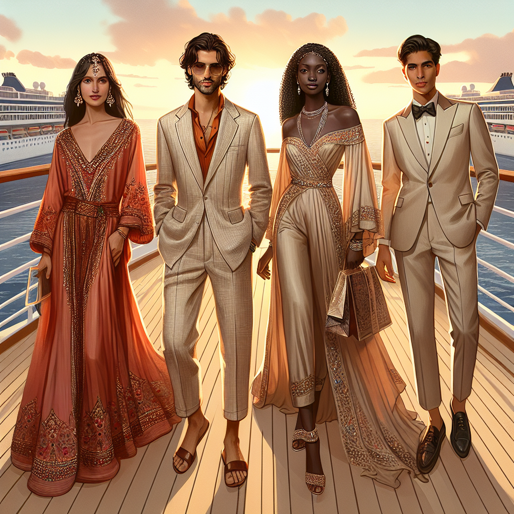 Elegant Cruise Outfits: Discover Your Stunning Look Generate an image portraying four well-dressed individuals aboard a luxury cruise ship. Each person should exhibit a unique outfit that embodies elegance and sophistication. Firstly, depict a Middle-Eastern woman wearing a richly embellished, long, flowing dress. Next to her, show a Hispanic man in a classy linen suit, perfectly suitable for a tropical sea journey. On the other side, portray a Black woman donning a refined jumpsuit with glistening accessories. Lastly, illustrate a South Asian man in an elegant lightly hued tuxedo. Give the scene a sunset backdrop, reinforcing the romantic and classy atmosphere of a cruise journey.