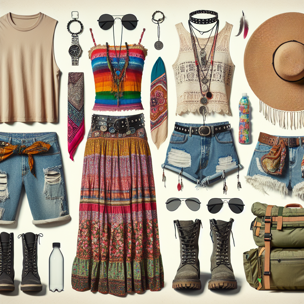 A collage made of three different music festival outfits. The first outfit is for a Caucasian male and consists of a sleeveless tee, worn-in denim shorts, and wayfarer sunglasses. The second outfit, assembled for a Middle-Eastern woman, includes a colorful, bohemian maxi dress, layered necklaces, and a wide-brimmed straw hat. The third outfit, designed for a Hispanic non-binary individual, showcases a tie-dye T-shirt, cargo pants, bandana, and a pair of combat boots. Each outfit is pictured with suitable accessories such as a reusable water bottle, camping gear, and sunscreen.