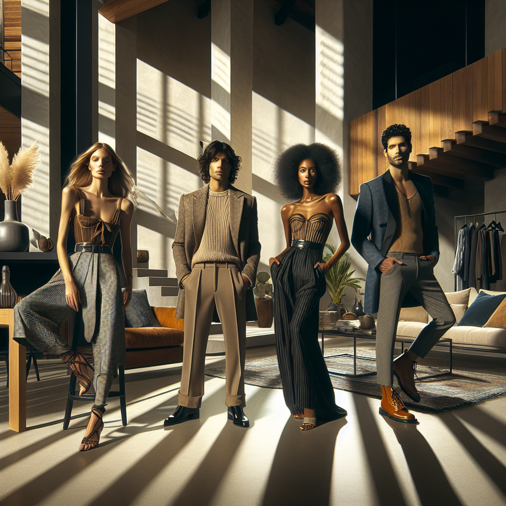 Imagine a fashion editorial titled 'Stunning Outfits for House Tours: Effortless Style'. The scene features four individuals of varying descents: namely, a Caucasian woman, a Hispanic man, a Black woman, and a Middle-Eastern man. Each person is dressed in chic, comfortable, and stylish fashion suitable for house tours - think understated elegance, comfortable footwear, and practical accessories. The backdrop is an architecturally interesting home with modern furnishings, exuding warmth and homely elegance. Bright natural light floods the space, casting long, dramatic shadows that accentuate the textures and colors of the outfits and the inviting decor.