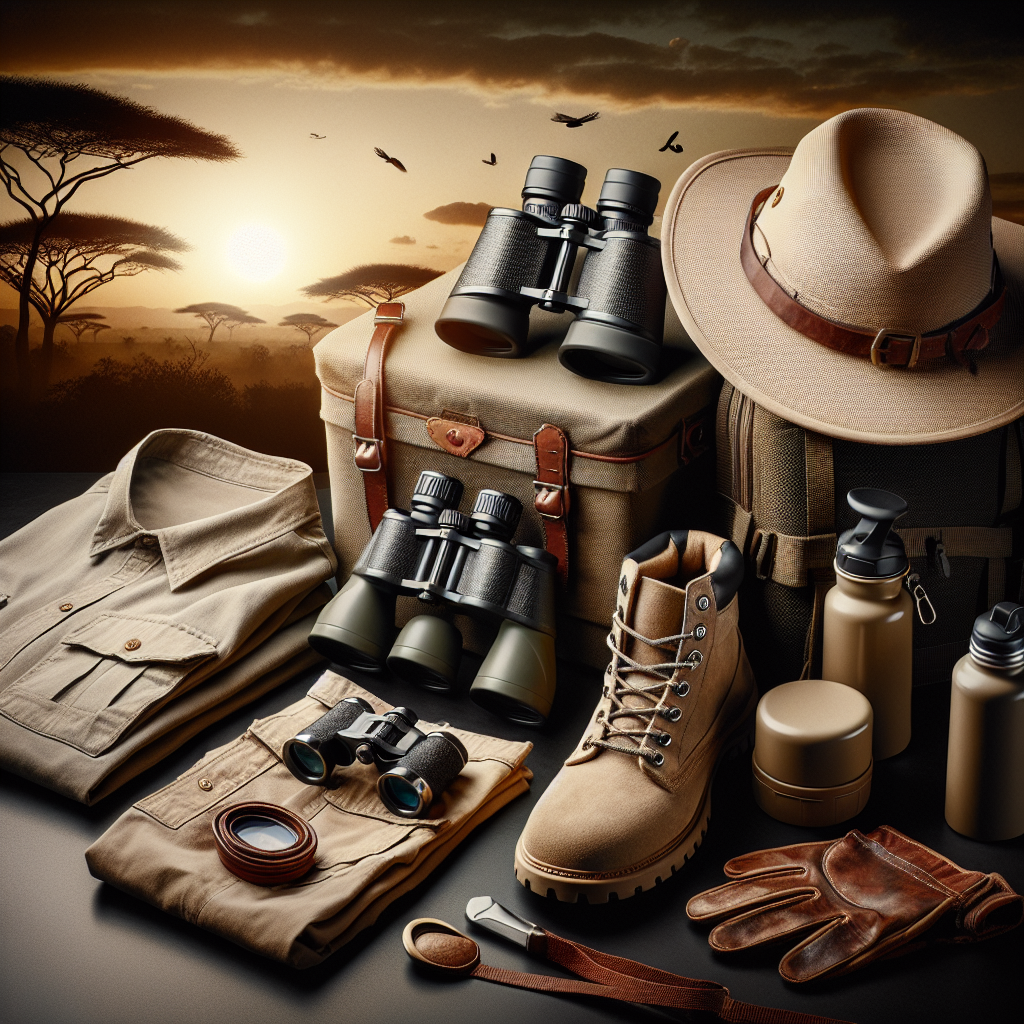 Stunning Safari Gear: What to Wear for Adventure Visual representation of a collection of stunning safari gear, ready for an adventurous expedition. There should be various types of equipment including a wide-brimmed hat with a strap, a reliable pair of binoculars, khaki cargo trousers, hiking boots, and a water bottle. To represent clothing, show a versatile and well-ventilated shirt in a light-hue. Add a touch of elegance with leather gloves and a canvas shoulder bag. In the backdrop, suggest an African landscape to hint at the adventure awaiting these items. This thrilling ambiance should evoke a sense of anticipation and adventure.