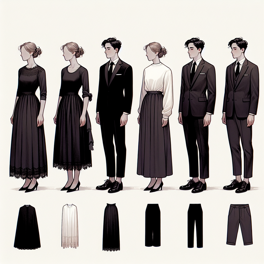 Proper Funeral Attire: Effortless, Respectful Choices A visual guide to picking the right dress for a funeral. The scene should depict three figures with their backs towards us, representing different genders and descents. The left figure, a Caucasian female, is gracefully wearing a simple, elegant, knee-length black dress with a light shawl. The middle figure, a black male, is dressed in a formal black suit with a white shirt and a dark tie. The right figure, an Asian non-binary individual, is styled in black, straight-leg trousers and a dark, loose linen shirt. A variety of other appropriate funeral attire options are delicately lined up against a neutral backdrop.