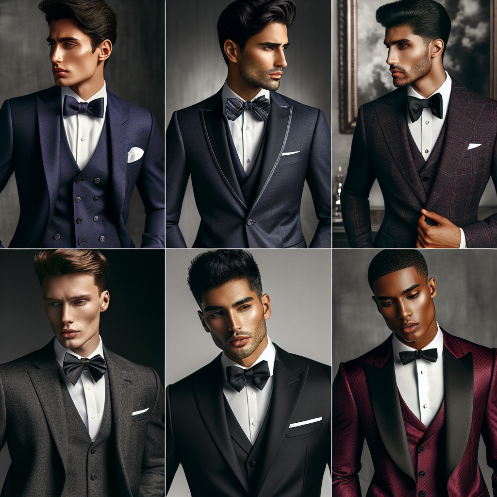Stunning Suit Styles for Weddings: Effortless Elegance Imagine an array of stunning suit styles ideal for weddings. The first is a classic three-piece suit worn by a Middle-Eastern man, impeccably tailored and in a deep navy hue. The second, a dashing tuxedo, graces a Hispanic man, complete with a perfect bow tie. Third is an Asian man in a charcoal grey, double-breasted suit. The other two show an African-American man in a vibrant burgundy dinner jacket and a Caucasian man donning a sleek black suit with a skinny tie. All the individuals exude effortless elegance, ready to attend a wedding.