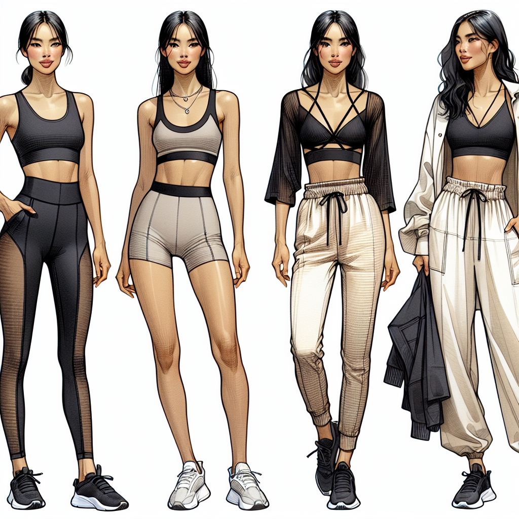Must-Have Outfits for Pilates: Effortless & Stylish A detailed fashion illustration showing a montage of four must-have outfits for Pilates. The first outfit consists of amonochrome black, flexible, and breathable yoga pants and a fitting tank top on an East Asian woman. The second outfit presents a pair of light-hued shorts and a strappy sports bra, worn by a Hispanic woman. The third reveals a neutral-toned, form-fitting jumpsuit on a Middle-Eastern woman. The last ensemble is a loose, drawstring jogger with a chic crop top on a Black woman. Each outfit is styled and effortless, encapsulating the essence of stylish workout wear.