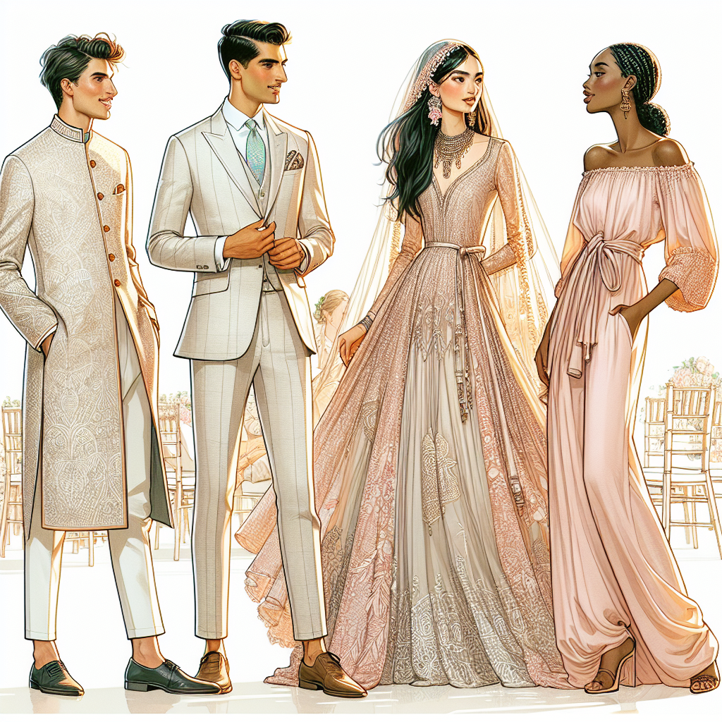 Stunning Wedding Guest Outfits: Effortless Elegance Illustrate a vibrant fashion scene, featuring four people attending a wedding ceremony. Their outfits should embody the essence of effortless elegance. The first person, a South Asian male is dressed in a traditional sherwani styled with modern touches. Next to him, a Middle-Eastern female is elegantly dressed in a full-length, flowing gown with intricate lace details. The third individual, a Caucasian male, is wearing a light linen suit complemented with a pastel-colored tie. Finally, a Black female is decked out in a stunning off-shoulder jumpsuit. They're all engaged in light-hearted conversation, the mood is joyful and the ambiance serene.