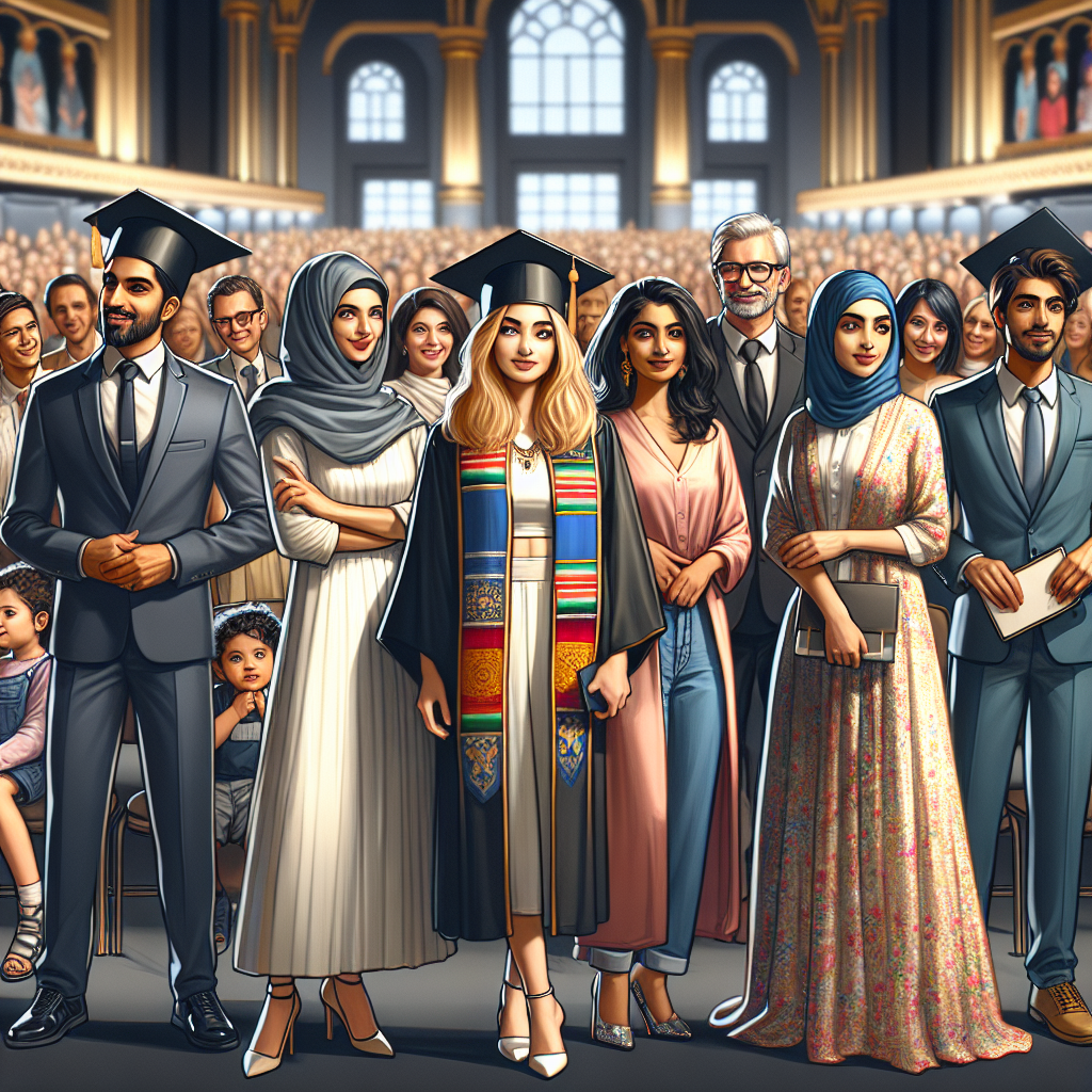 Visualize a graduation scene attended by a diverse group of people dressed elegantly yet comfortably. Showcase a South Asian female and a Hispanic male in cap and gowns standing out because of their distinctive style. Next to them, envision a Middle Eastern woman and a White man elegantly attired for their roles as faculty members. Also include families of all descents and genders looking admiringly and celebrating together. In this scene, everyone is wearing clothing that makes them feel effortlessly stunning. Set this scene in a spacious auditorium that is beautifully decorated for the graduation ceremony.