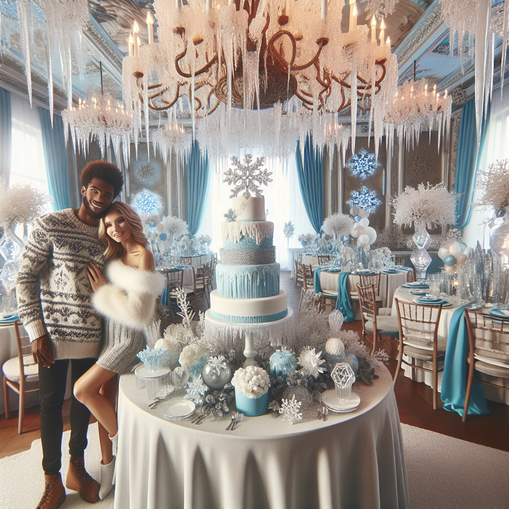 Winter Baby Shower Style: Stunning & Effortless Looks A picturesque scene for an article about the theme 'Winter Baby Shower Style: Stunning & Effortless Looks'. Visualize a charming, humming filled room adorned with frosted snowflake-shaped decorations, and tables draped in icy blue and white linens. There's an elegant, shimmering centerpiece of crystal icicles. In the atmosphere, imagine a joyful Caucasian woman, and a Black man who seem to be the hosts, dressed in warm, cozy yet trendy winter attire. They are around a tiered cake with a winterized theme. This setting emanates a warm, welcoming vibe amidst the cool winter aesthetics.