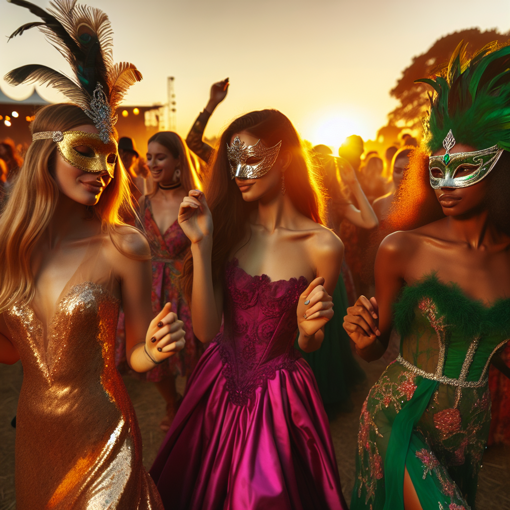 Visualize an outdoor summer concert during sunset. People are dancing and enjoying the music; they hail from diverse descents such as Hispanic, Caucasian, Black, and South Asian. Primarily focus on three women - a Caucasian woman with a golden masquerade dress that twinkles in the setting sun, a South Asian woman in a vibrant magenta masquerade gown with an intricate silver mask, and a Black woman in an emerald green dress with a matching feathered mask. The setting sun casts a warm glow over the scene as their dresses flutter beautifully in the summer breeze.