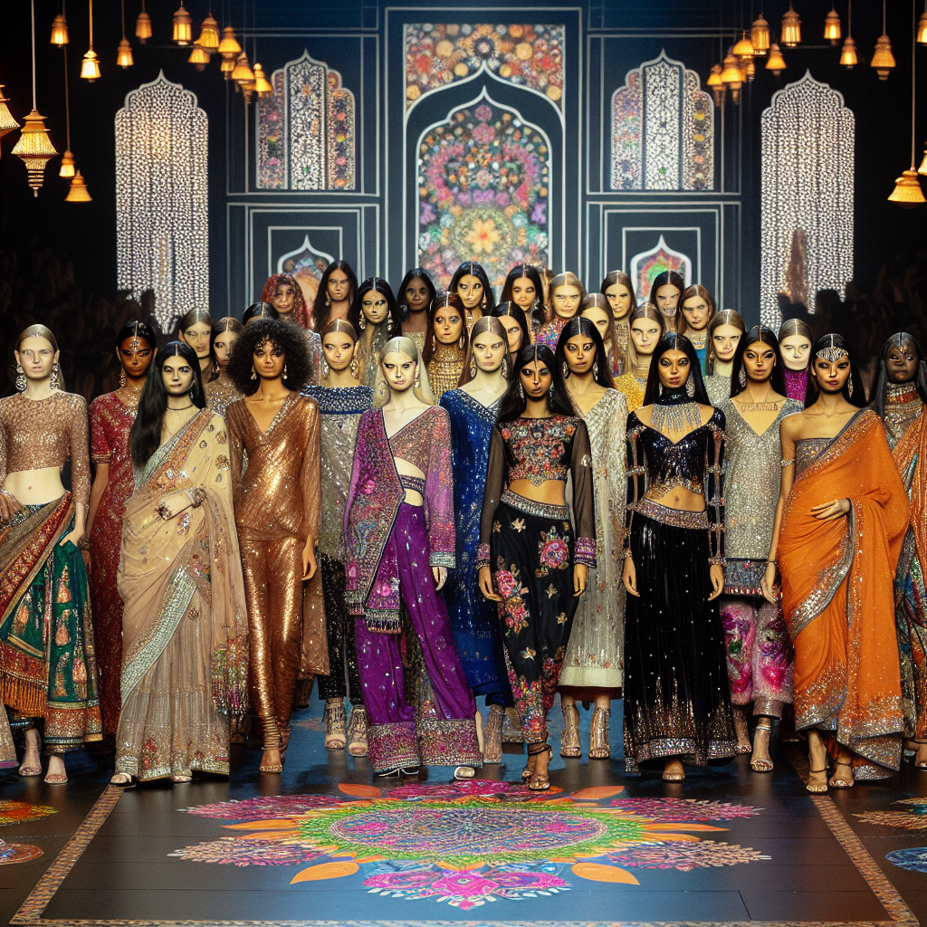Stunning Diwali Outfit Ideas for Non-Indians Visualize a diverse fashion show, where models of different descents like Caucasian, Hispanic, Black, Middle-Eastern, and South Asian present an array of stunning outfits inspired by the Indian festival of Diwali. The clothes are vibrant, adorned with sequins, beads, and embroidery, and the styles range from traditional sarees to Indo-Western fusion attire. The models also show off matching accessories such as jewelled headpieces, purses, and footwear. On the backdrop, the stage is decorated with Diwali-themed elements like diyas (oil lamps), rangoli (artistic designs on the floor), and marigold flowers.