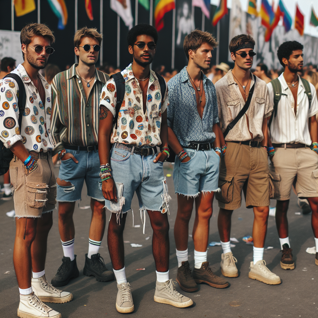 Festival Fashion Guide: Must-Have Looks for Men in Their 30s Picture this: An outdoor music festival with colourful flags fluttering in the wind. Capture multiple men in their 30s embodying a variety of descent such as Black, Caucasian, Hispanic and Asian. Each one is stylishly dressed, showcasing their unique fashion choices. One could be wearing a retro printed button-down shirt, ripped denim shorts paired with white sneakers. Another could be seen in a solid plain tee, casual khaki shorts, and comfortable sandals. Yet another could be dressed in a loose bohemian top, cotton trousers accompanied by espadrilles. Each of them accessorize their outfits with necessary items like backpacks, sunglasses, hats and wristbands.