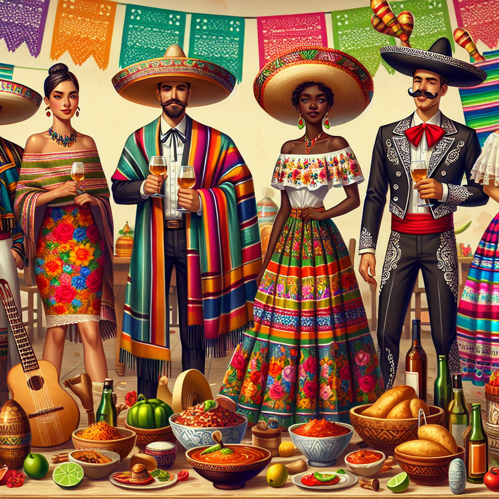 A lively scene showcasing a variety of different must-have outfits for Cinco de Mayo celebrations. Give close attention to colorful fabrics and traditional Mexican attire. It should display a South Asian man wearing a vibrant serape and sombrero, a Black woman dressed in a detailed huipil and colourful rebozo, a Middle-Eastern woman in a festive embroidered skirt and off-shoulder blouse, and a Caucasian man with a Mexican moustache wearing a decorative charro suit. Include maracas, festive decorations, and a spread of traditional Mexican cuisine in the background.
