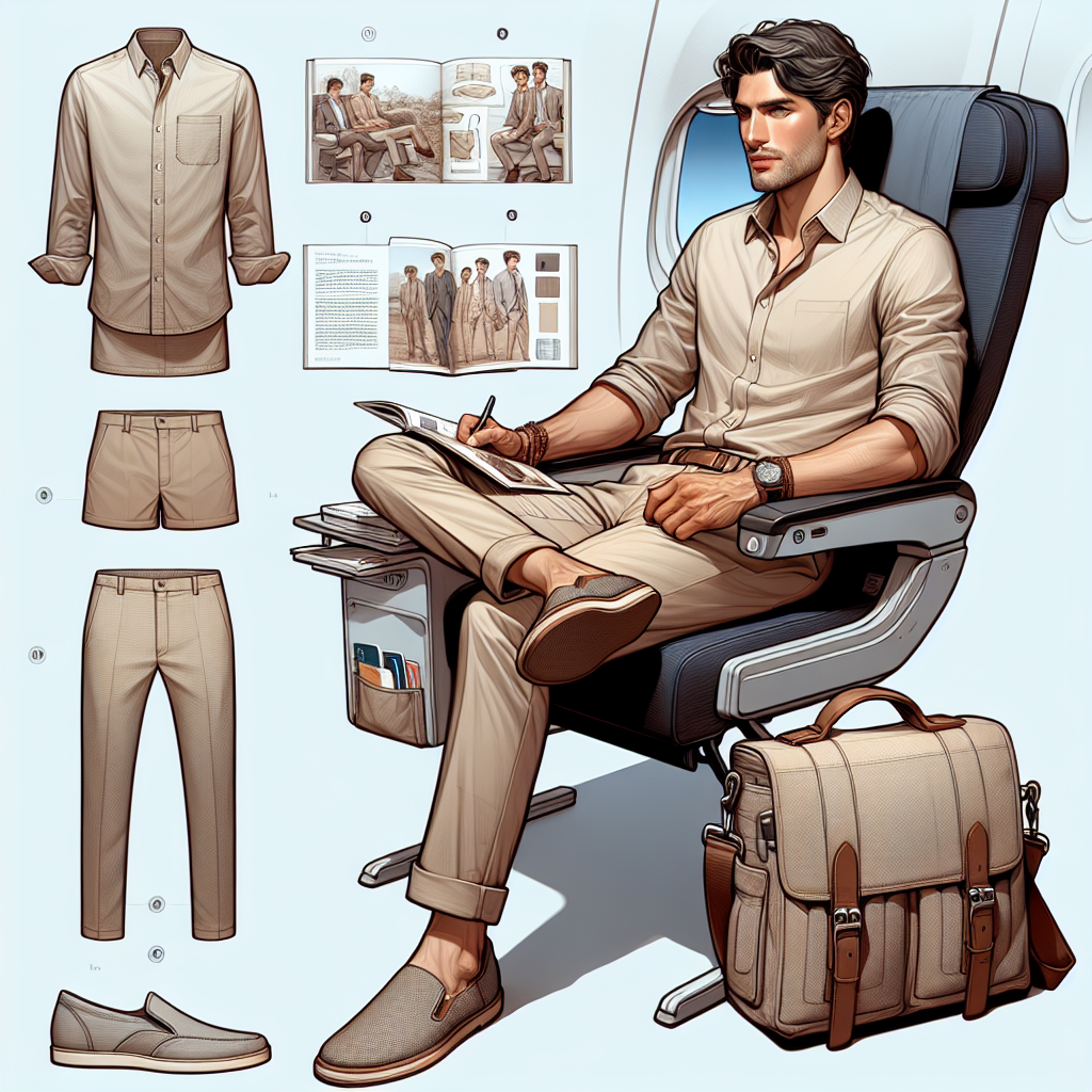 Visually depict an image for an article related to men's fashion for air travel. It should show a casually dressed man, possibly of Middle-Eastern descent, demonstrating effortless style. He could be comfortably seated in an airplane seat donning a lightweight, breathable button-down shirt, a pair of chino pants, and slip-on shoes. Add a canvas messenger bag stowed under the seat and a book about world travel in his hand for the added element of a traveler. Remember to incorporate cool, soothing airplane cabin lighting that enhances his clothing colors.